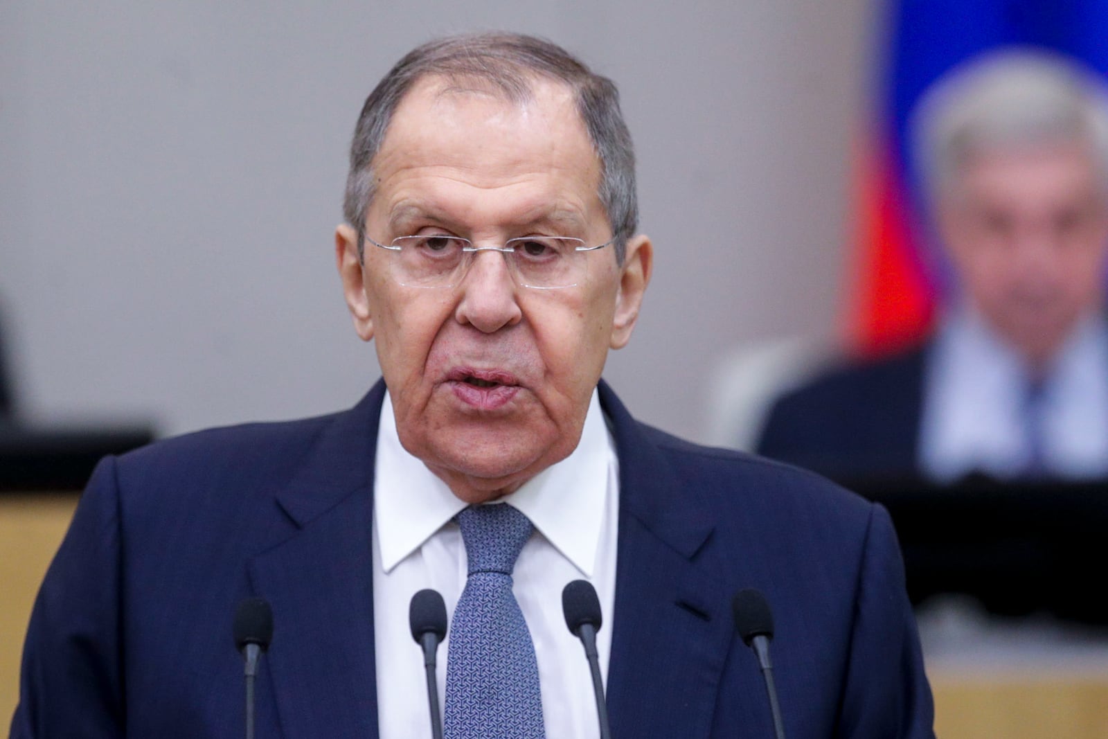 In this photo released by The State Duma, Russian Foreign Minister Sergey Lavrov speaks to lawmakers during a session at the State Duma, the Lower House of the Russian Parliament in Moscow, Russia, on Wednesday, Feb. 19, 2025. (The State Duma, the Lower House of the Russian Parliament via AP)