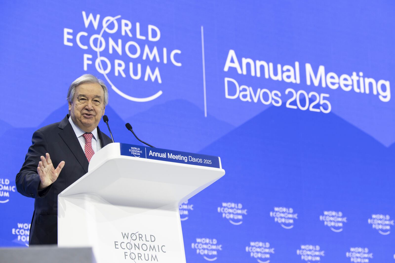 Antonio Guterres, Secretary-General of the United Nations, speaks during a plenary session in the Congress Hall during the 55th annual meeting of the World Economic Forum (WEF), in Davos, Switzerland, Wednesday, Jan. 22, 2025. (Laurent Gillieron/Keystone via AP)