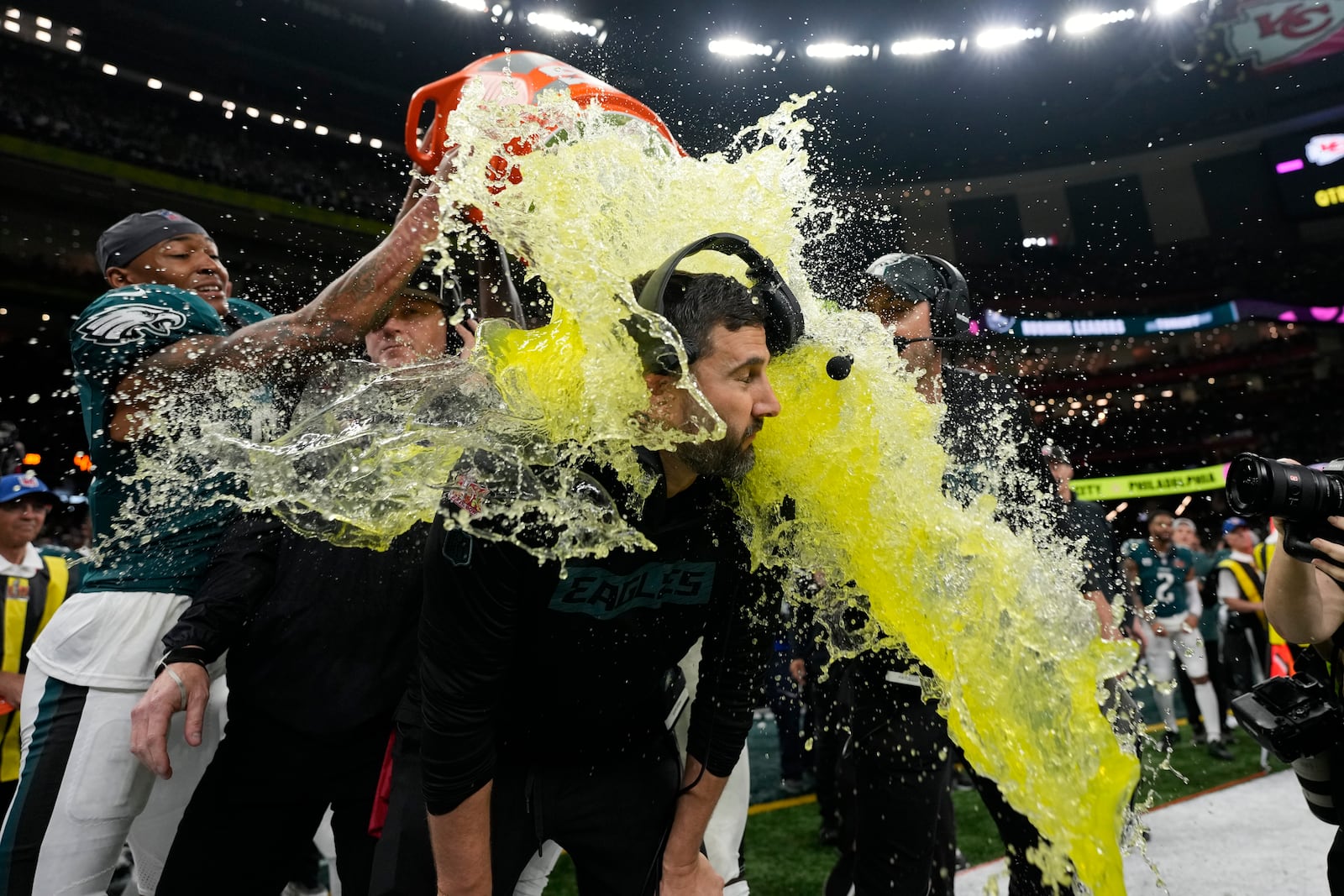 Philadelphia Eagles head coach Nick Sirianni is dunked by teammates during the second half the NFL Super Bowl 59 football game against the Kansas City Chiefs, Sunday, Feb. 9, 2025, in New Orleans. (AP Photo/Matt Slocum)