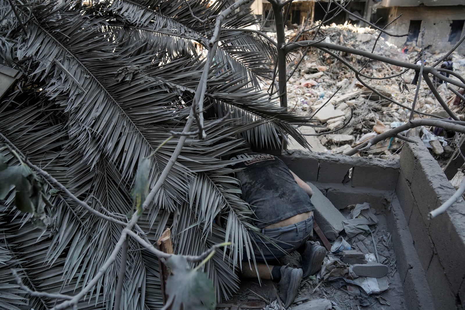 Kamal Khatib, a volunteer with the Animals Lebanon rescue group, looks for animals under the debris of destroyed buildings at the site of Thursday's Israeli airstrike, in Beirut, Lebanon, Friday, Oct. 11, 2024. (AP Photo/Bilal Hussein)