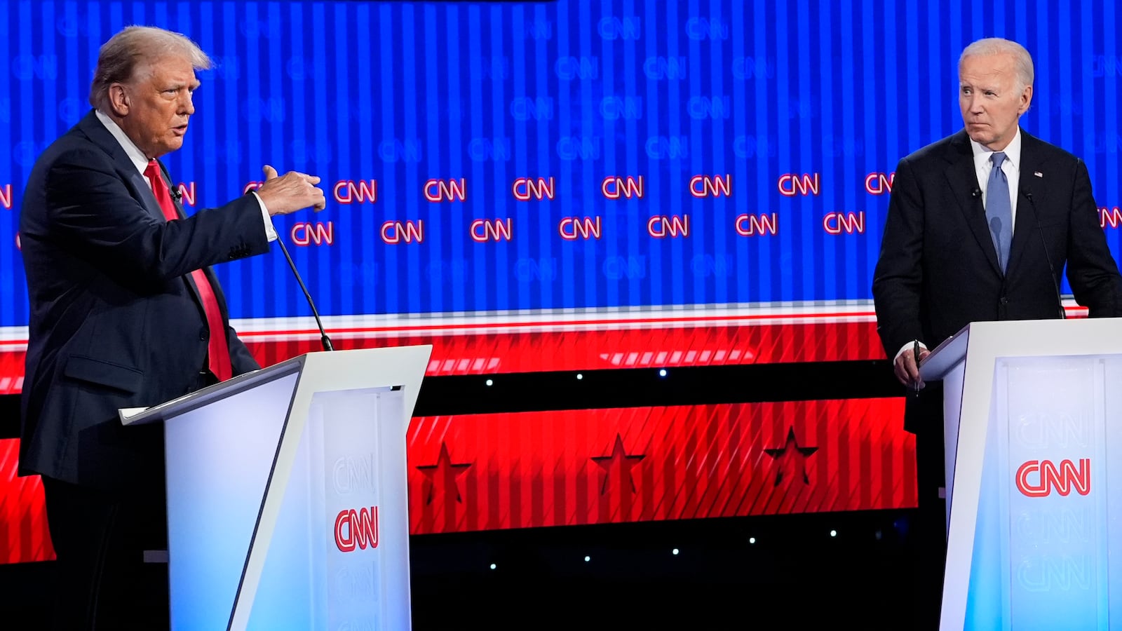 FILE - Republican presidential candidate former President Donald Trump, left, speaks during a presidential debate hosted by CNN with President Joe Biden, June 27, 2024, in Atlanta. (AP Photo/Gerald Herbert, File)