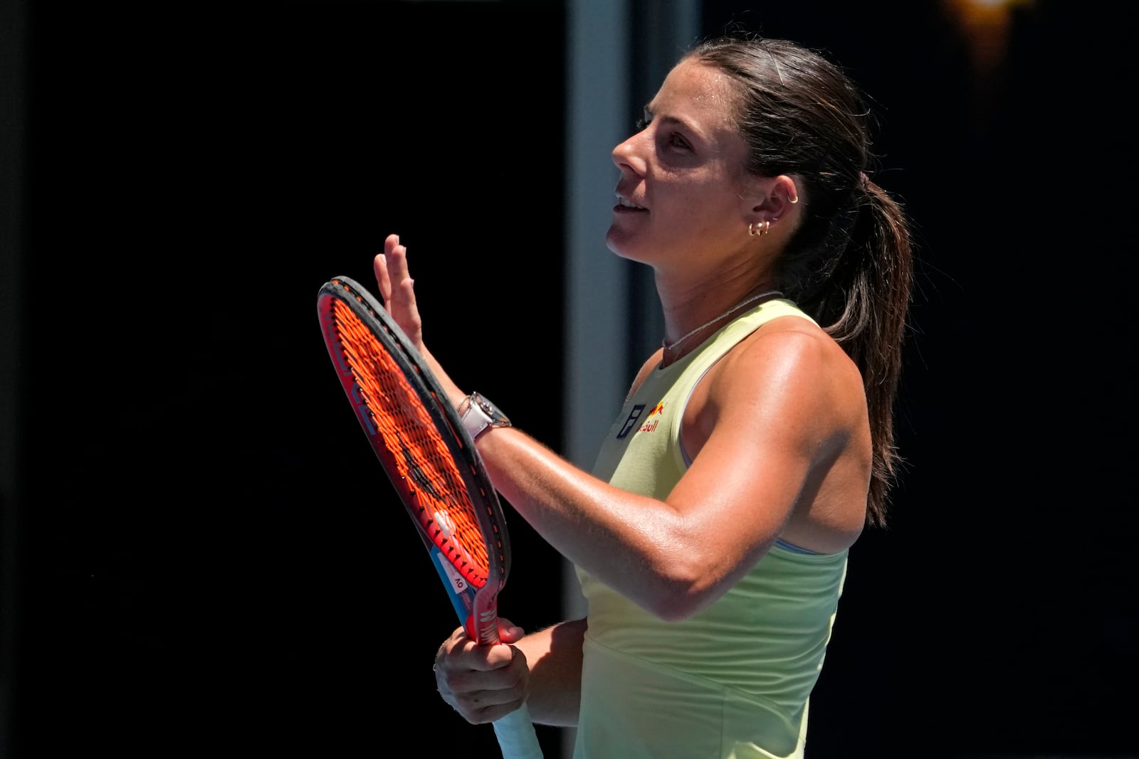 Emma Navarro of the U.S. reacts after defeating Ons Jabeur of Tunisia in their third round match at the Australian Open tennis championship in Melbourne, Australia, Saturday, Jan. 18, 2025. (AP Photo/Manish Swarup)