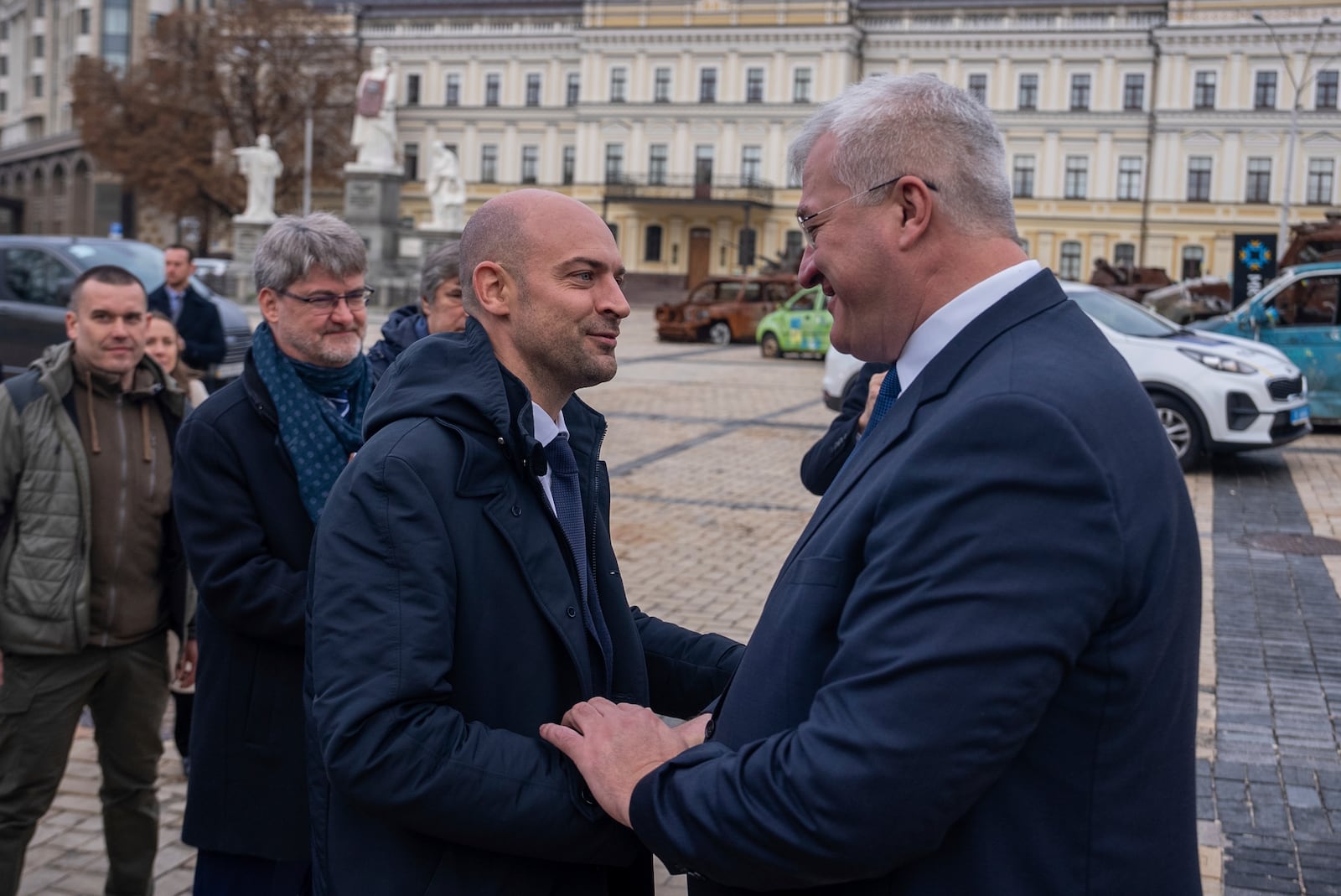 French Foreign Minister Jean-Noel Barrot shakes hands with Ukrainian Foreign Minister Andrii Sybiha in central Kyiv, Ukraine, Saturday, Oct. 19, 2024. (AP Photo/Alex Babenko)