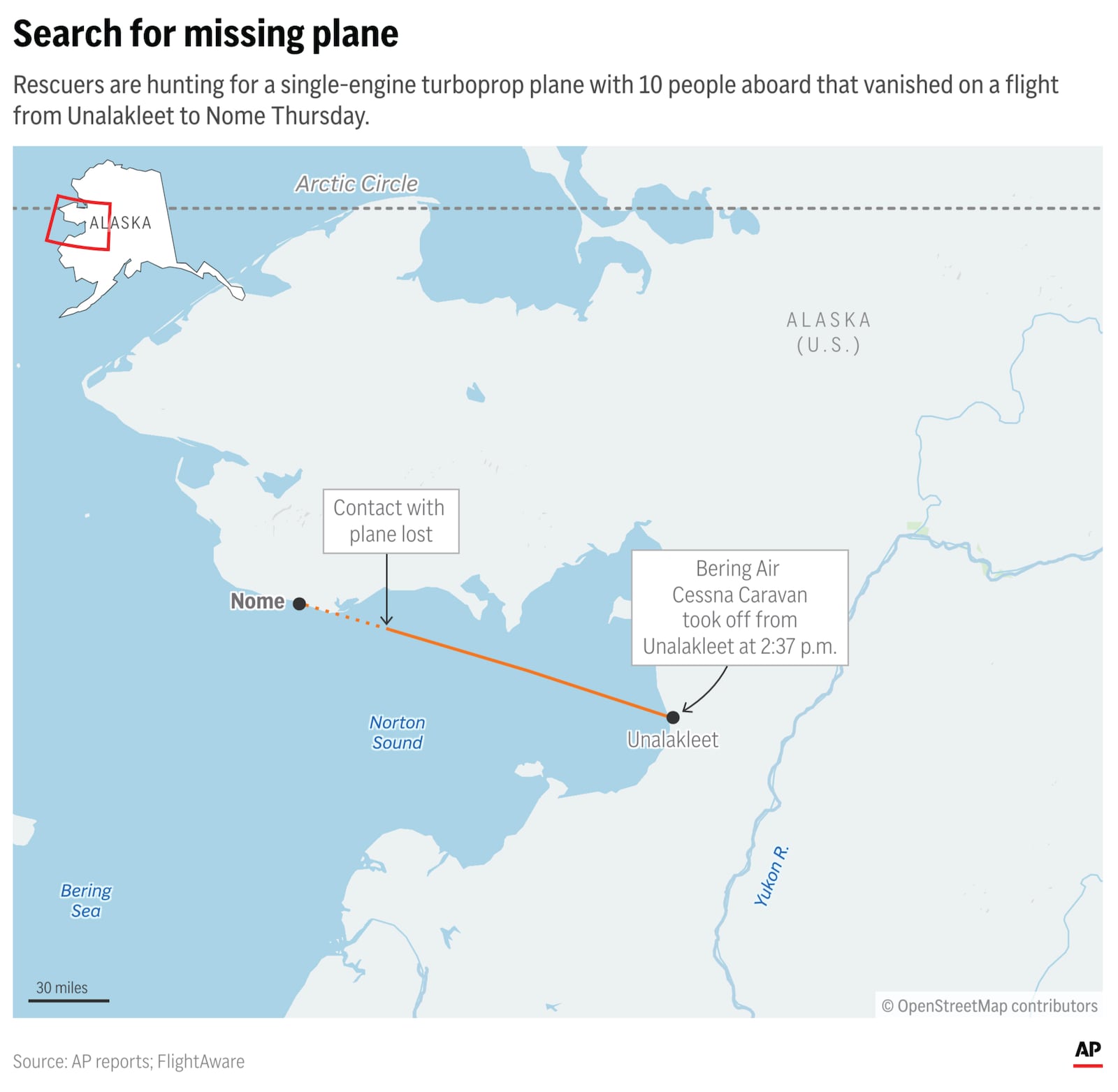 A plane with 10 people aboard has gone missing on a flight over Alaska's Norton Sound en route to Nome. (AP Digital Embed)