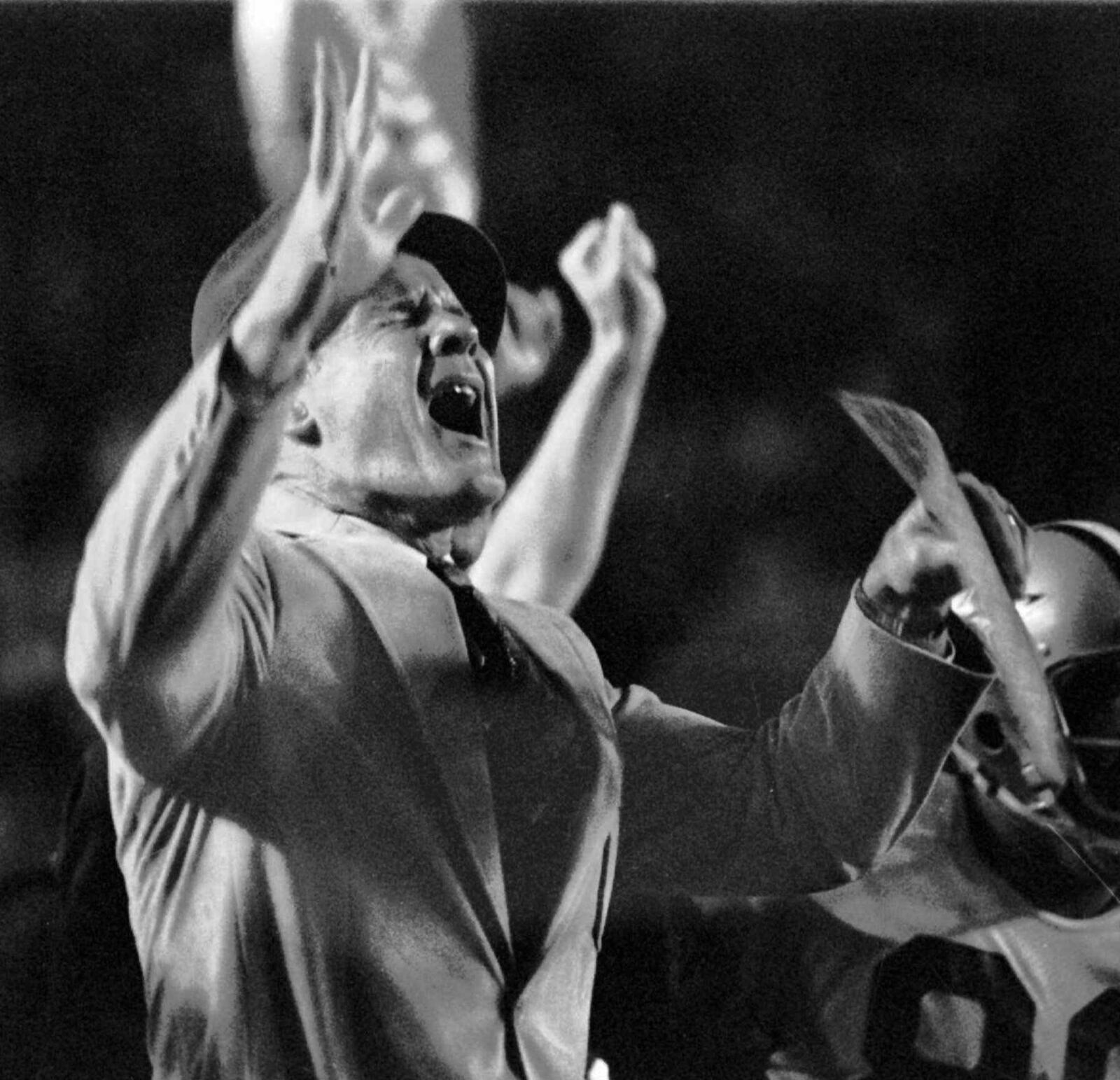 FILE -- Dallas Cowboys head coach Tom Landry reacts to a missed pass to a wide open Jackie Smith in the end zone against the Pittsburgh Steelers during Super Bowl XIII on Jan. 21, 1979 in Miami, Fla. (AP Photo/file)