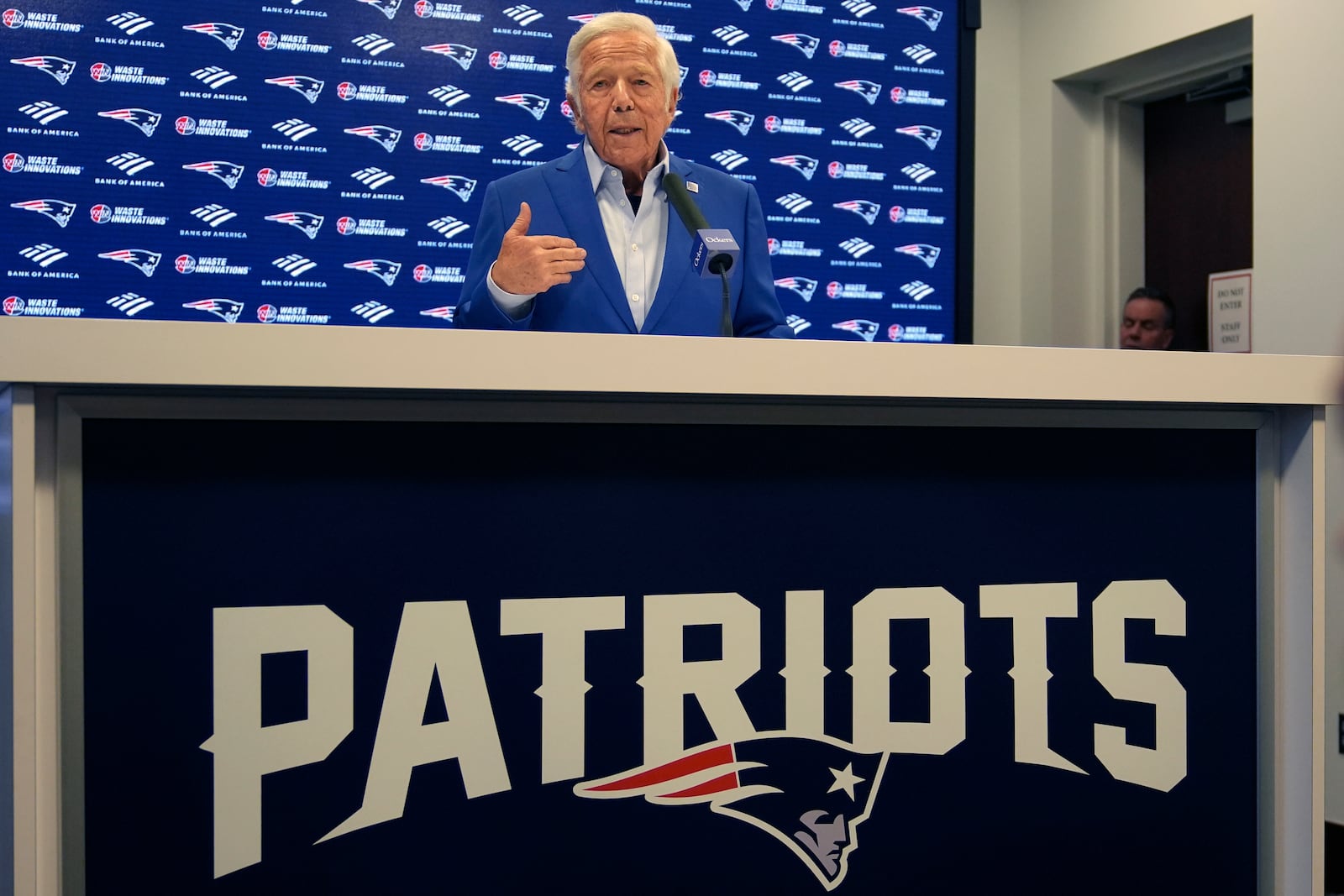 New England Patriots owner Robert Kraft answers a question during a media availability, Monday, Jan. 6, 2025, in Foxborough, Mass. (AP Photo/Charles Krupa)