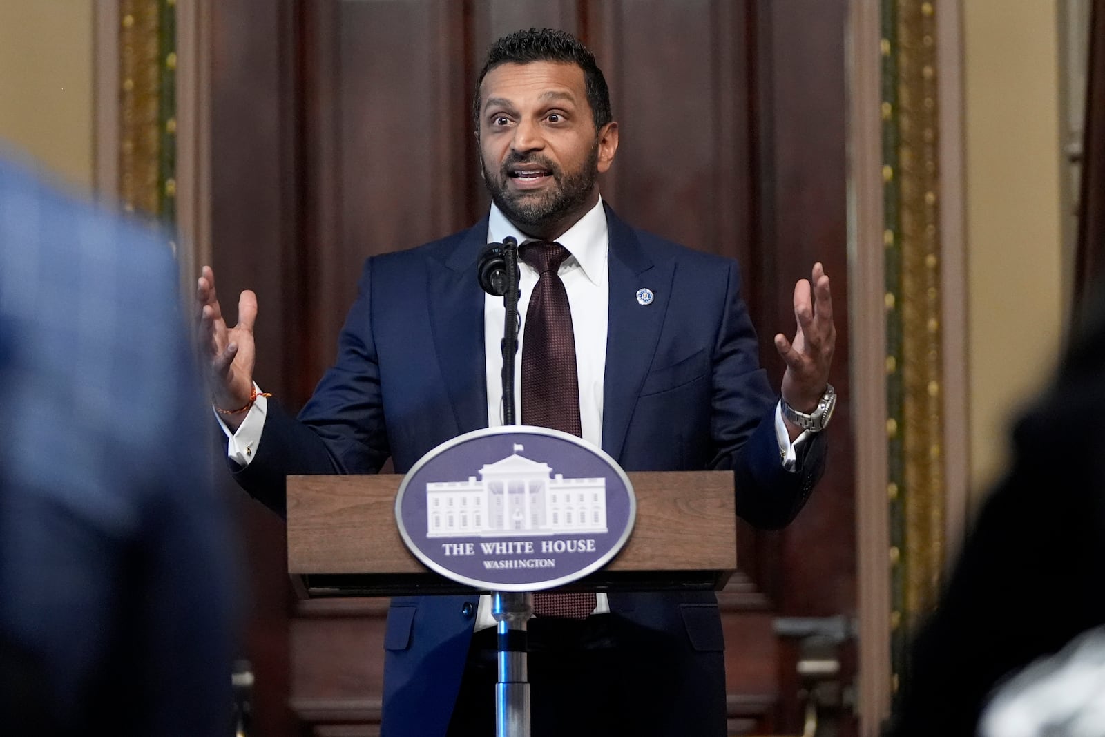 Kash Patel, President Donald Trump's new Director of the FBI, speaks during a swearing-in ceremony, Friday, Feb. 21, 2025, in the Indian Treaty Room at the Eisenhower Executive Office Building on the White House campus in Washington. (AP Photo/Mark Schiefelbein)