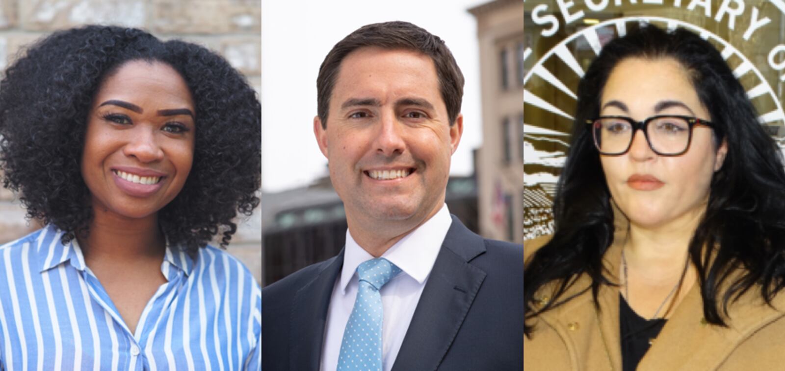 The candidates for Ohio Secretary of State in the November 2022 election are, from left, Chelsea Clark, Frank LaRose and Terpsehore Tore Maras