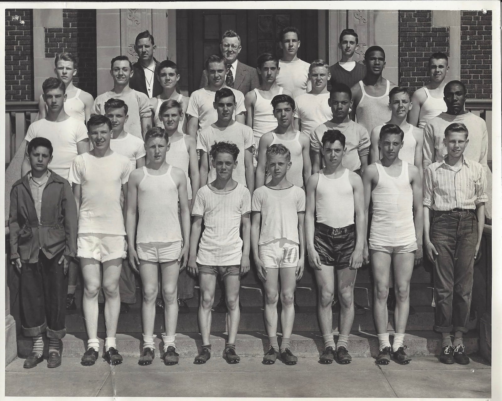 The 1946-7 Schaefer Junior High Purple track team that along with the school's football and basketball teams swept the Springfield junior high championships. A total of eight players on the teams went on to play college sports. COURTESY PHOTO