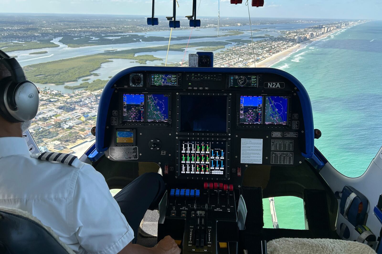 The cockpit of the Goodyear Blimp is scene during a flight, Wednesday, Feb. 12, 2025, in Daytona Beach, Fla. (AP Photo/Mark Long)