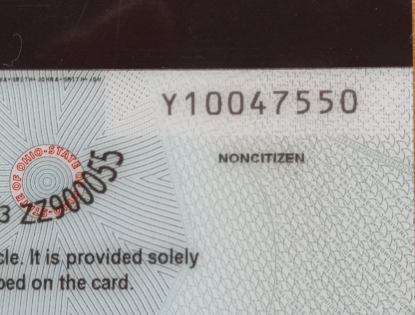 The word "noncitizen" is printed on the back of Ohio driver's licenses and ID cards for Ohioans who are not U.S. citizens. Photo provided by the Ohio BMV.