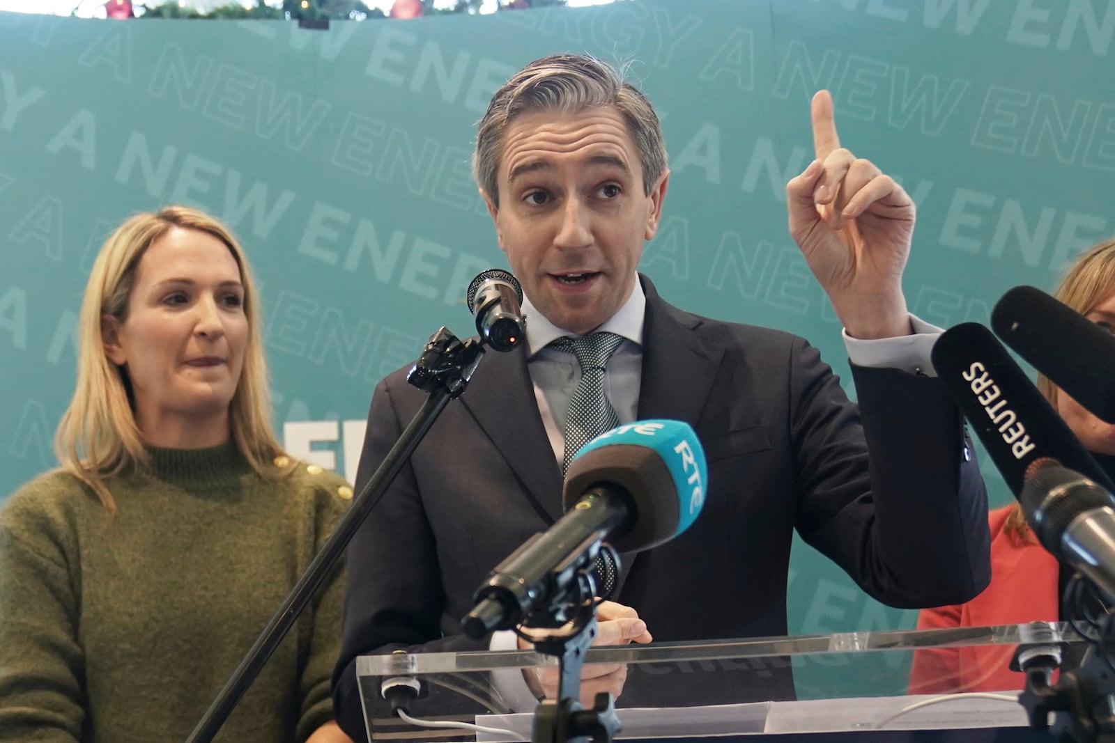 Taoiseach and Fine Gael leader Simon Harris and Helen McEntee, left, during a rally at Trim Castle Hotel in Trim, Co Meath, Ireland, Wednesday, Nov. 27, 2024. (Brian Lawless/PA via AP)