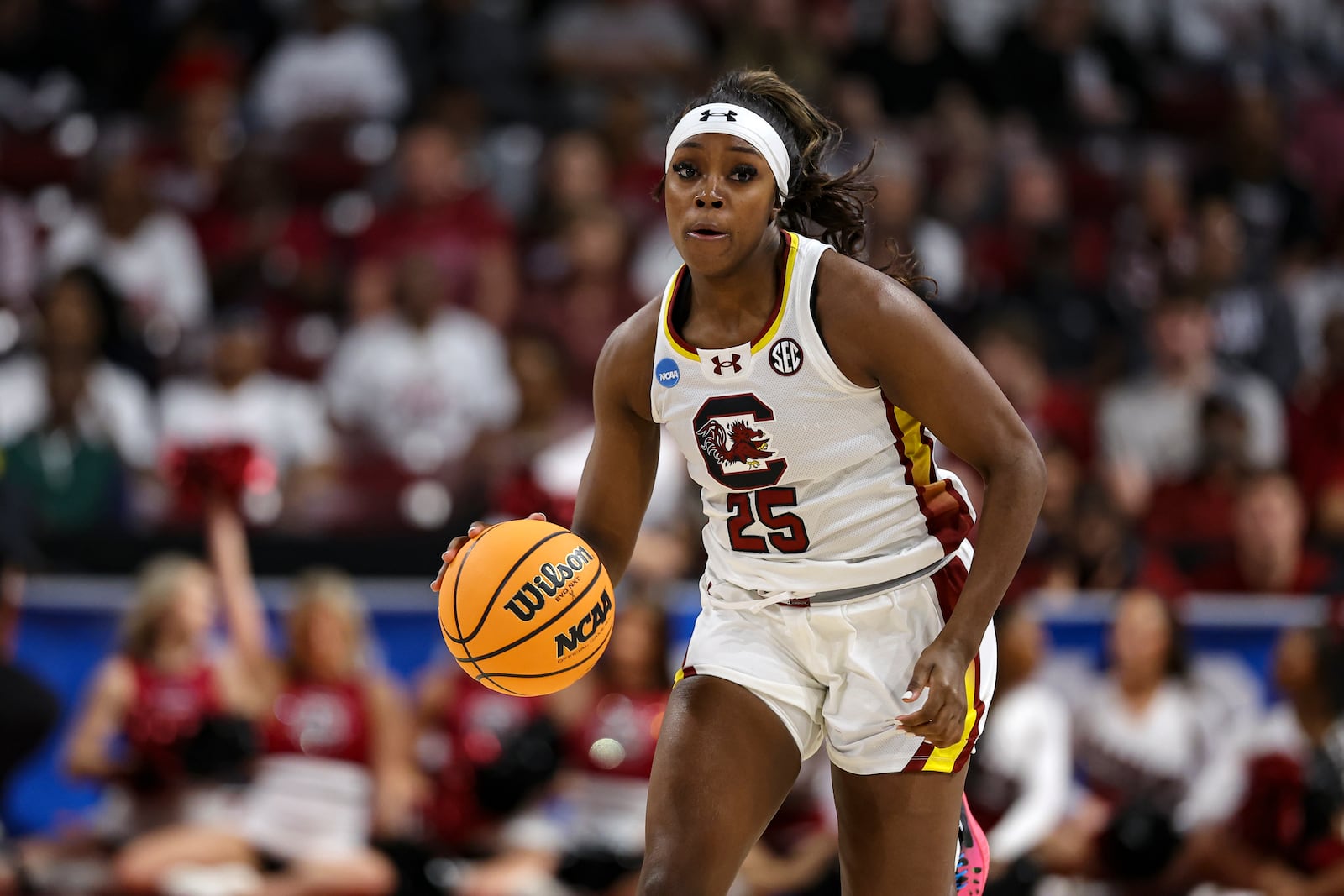 South Carolina guard Raven Johnson brings the ball upcourt against Indiana during the first half in the second round of the NCAA college basketball tournament, Sunday, March 23, 2025, in Columbia, S.C. (AP Photo/David Yeazell)