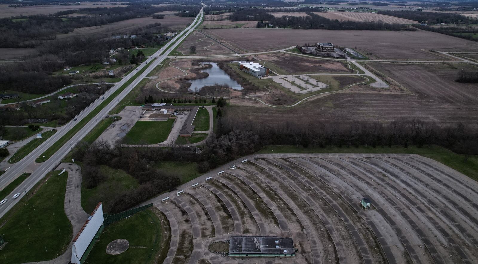 Springfield city commissioners on Tuesday approved the annexation of nearly 250 acres of land from Springfield Twp. for a proposed 1,200 unit housing development. This is a drone photograph looking east from the Melody Cruise Drive In. JIM NOELKER/STAFF