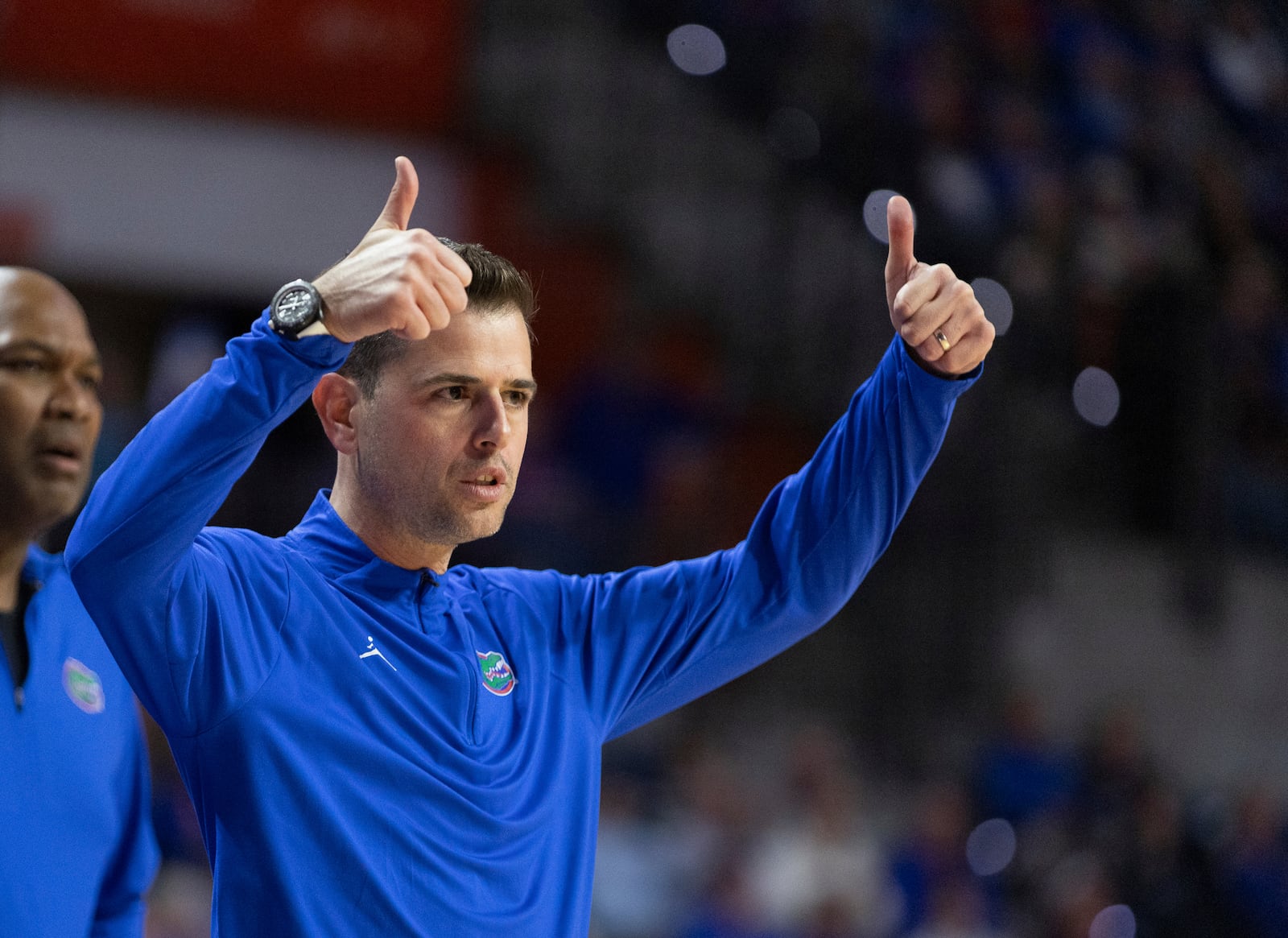 Florida head coach Todd Golden reacts during the first half of an NCAA college basketball game against Tennessee, Tuesday, Jan. 7, 2025, in Gainesville, Fla. (AP Photo/Alan Youngblood)