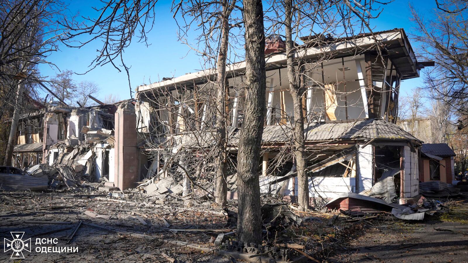 In this photo provided by the Ukrainian Emergency Services on Nov. 25, 2024, a building is seen destroyed by a Russian strike on a residential neighbourhood in Odesa, Ukraine. (Ukrainian Emergency Service via AP)