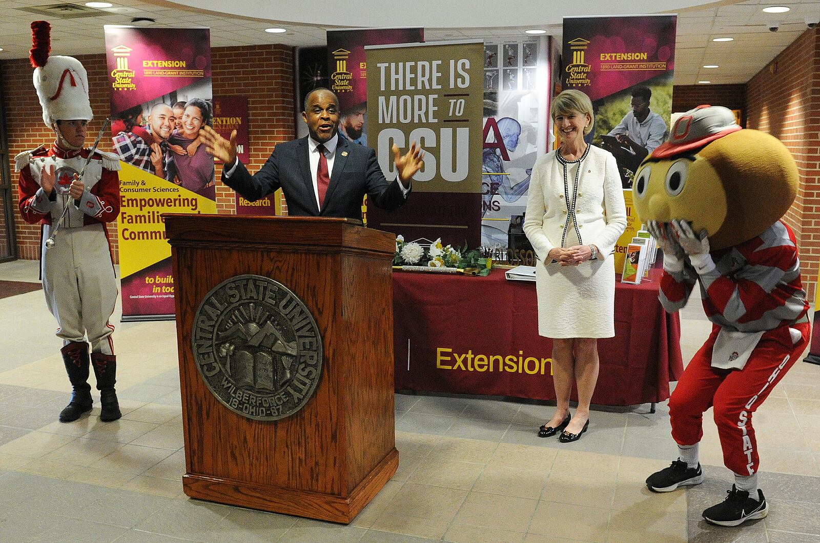 Central State University President, Jack Thomas introduces the Ohio State University President, Kristina M. Johnson during a press conference at the C. J. McLin International Center for Water Resources Management at Central State University, Tuesday June 28, 2022. MARSHALL GORBY\STAFF