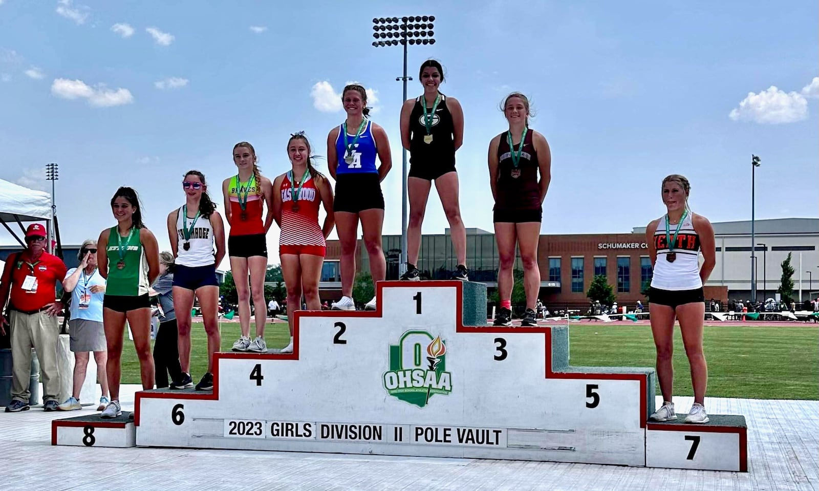 Greenon senior Tru Buddenberg stands atop the podium after winning the pole vault at the Division II state track meet on Saturday, June 3, 2023, at Jesse Owens Memorial Stadium in Columbus, Ohio. Contributed photo