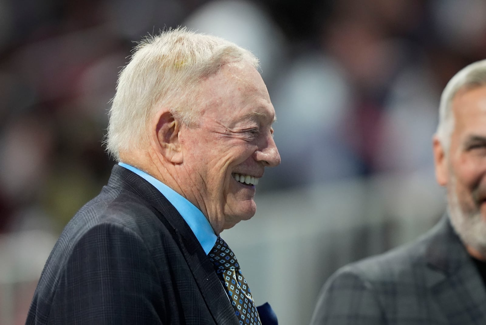 Dallas Cowboys owner Jerry Jones walks on the field before an NFL football game against the Atlanta Falcons, Sunday, Nov. 3, 2024, in Atlanta. (AP Photo/ Brynn Anderson)