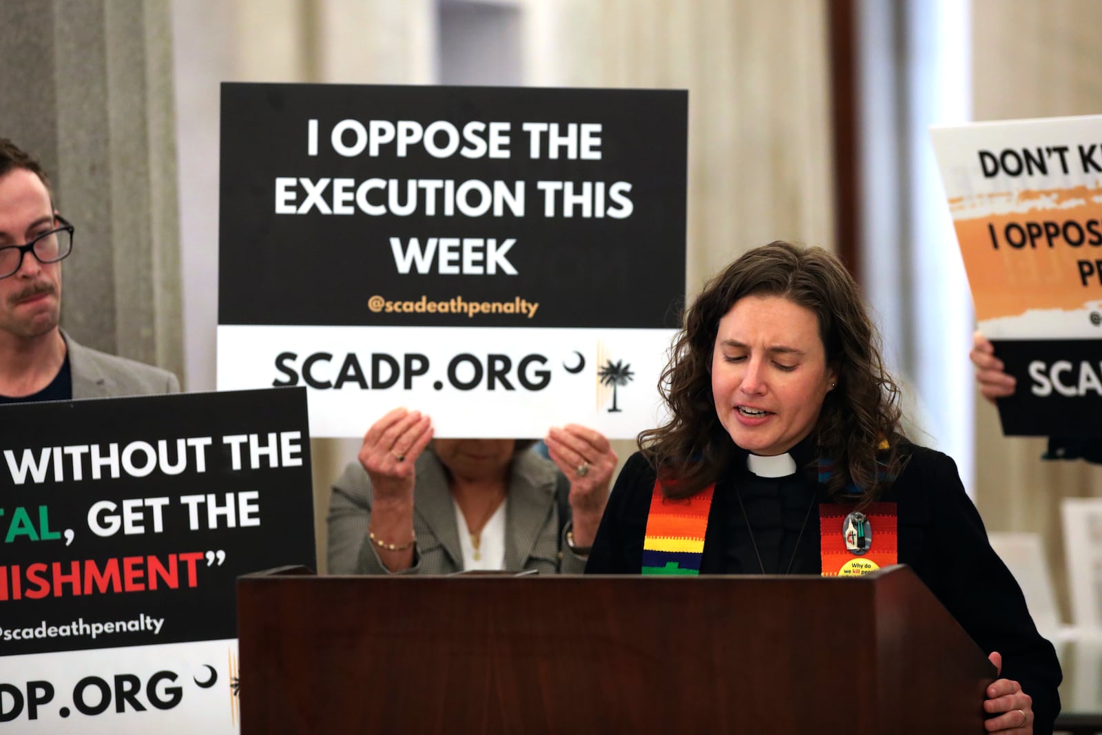 South Carolinians for Alternatives to the Death Penalty Executive Director Hillary Taylor speaks against the execution of Marion Bowman Jr. on Thursday, Jan. 30, 2025, in Columbia, S.C.. (AP Photo/Jeffrey Collins)