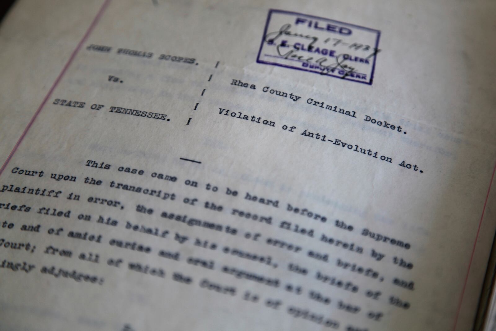 The first page of the Tennessee Supreme Court ruling on the appeal of the John T. Scopes vs. state of Tennessee trial, commonly known as the Scopes Monkey Trial, is shown at the Tennessee State Library and Archives in Nashville, Tenn., on Monday, March 3, 2025. (AP Photo/Kristin M. Hall)