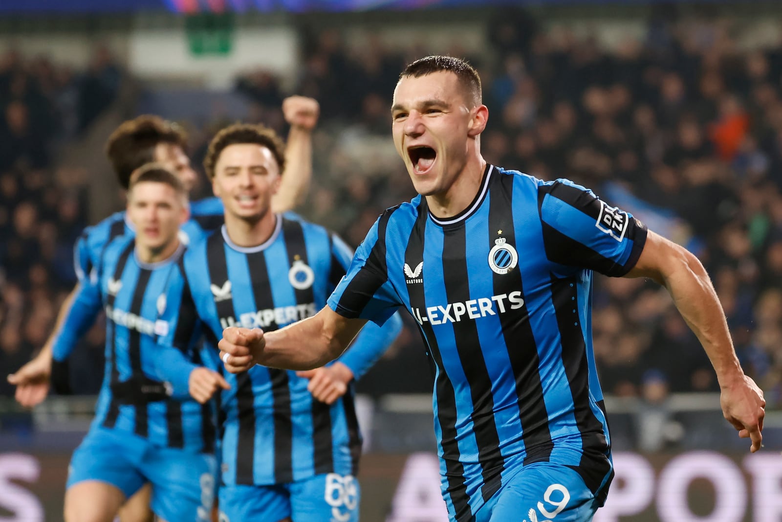 Brugge's Ferran Jutgla celebrates after scoring the opening goal against Atalanta during the Champions League playoff first leg soccer match between Club Brugge and Atalanta at the Jan Breydel Stadium in Bruges, Belgium, Wednesday, Feb. 12, 2025. (AP Photo/Geert Vanden Wijngaert)