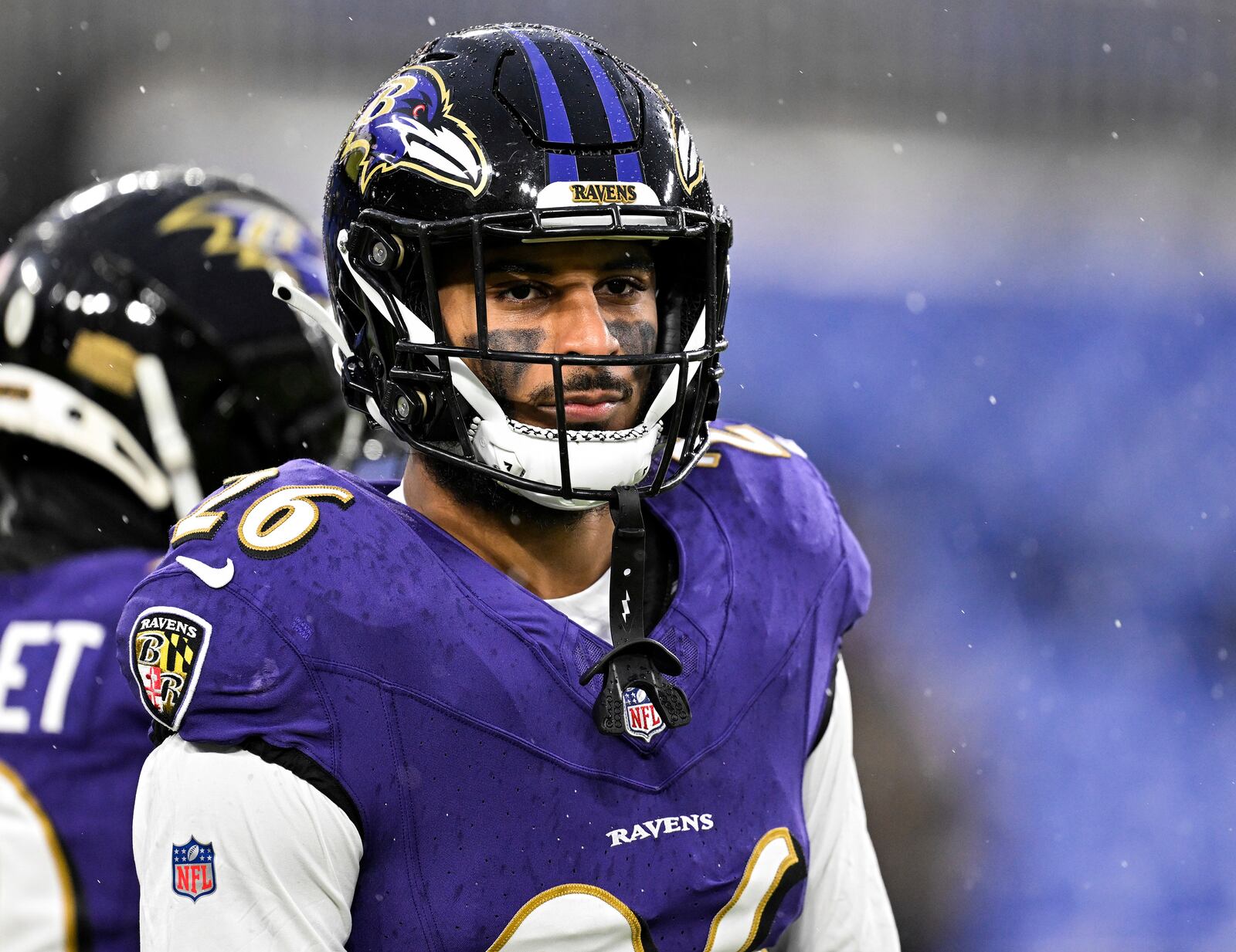 FILE - Baltimore Ravens safety Geno Stone looks on during warmups before an NFL football game against the Pittsburgh Steelers, Jan. 6, 2024, in Baltimore. The Cincinnati Bengals and Stone have agreed on a two-year, $15 million deal, a person familiar with the contract told The Associated Press, Monday, March 11, 2024. The person spoke to The Associated Press on condition of anonymity because free agents cannot sign with new teams until Wednesday. (AP Photo/Terrance Williams, File)