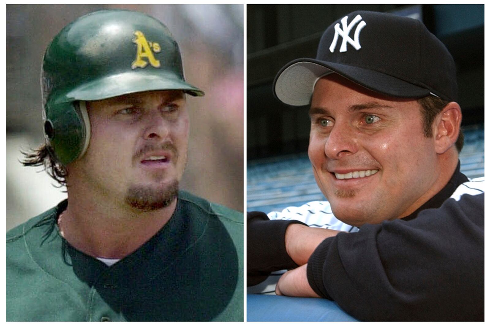 FILE - This combo of file photos shows Oakland Athletics' Jason Giambi, left, on June 17, 2001, and being introduced as a New York Yankees player on Dec. 13, 2001. (AP Photo/File)