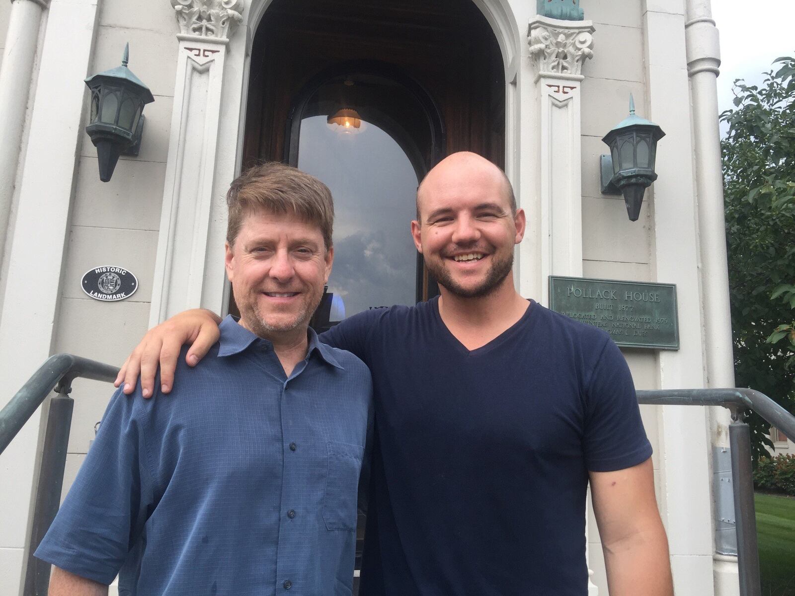 Chris Borland (right) and Kevin Kelly, the executive director of the Dayton Peace Museum on the front steps of the Dayton Peace Museum on Monument Avenue in downtown Dayton. Mark Borland/CONTRIBUTED