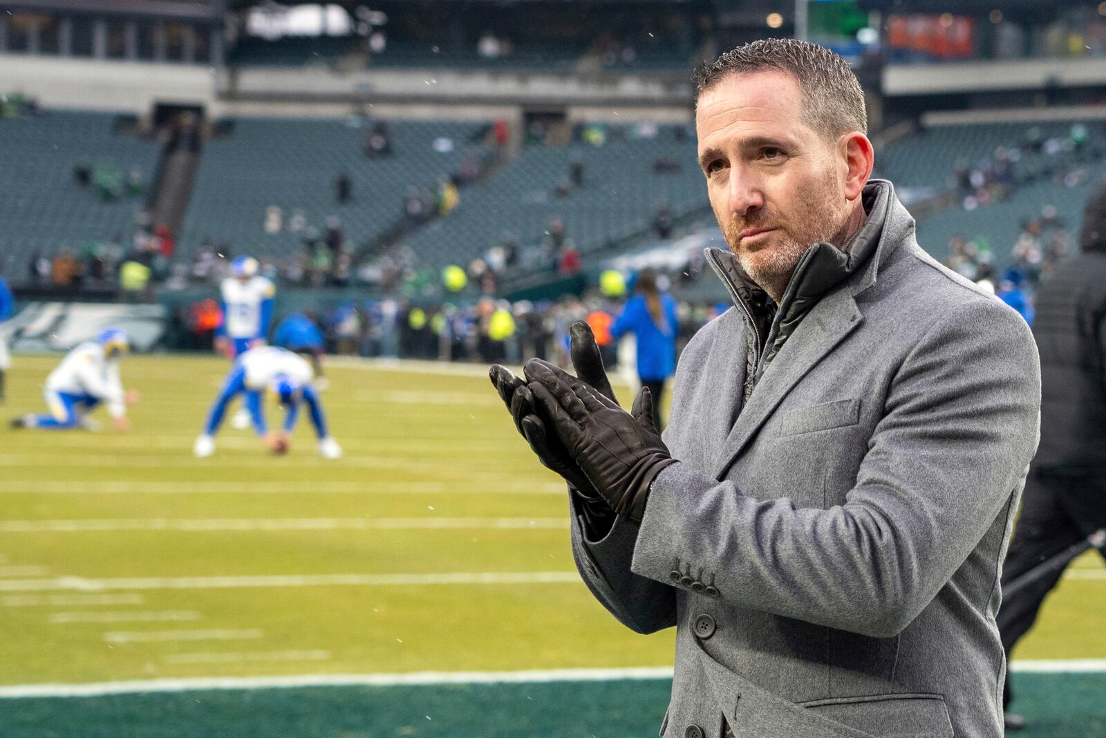 FILE - Philadelphia Eagles general Manager Howie Roseman looks on during warm-ups prior to the NFL divisional playoff football game against the Los Angeles Rams, Sunday, Jan. 19, 2025, in Philadelphia. (AP Photo/Chris Szagola, File)