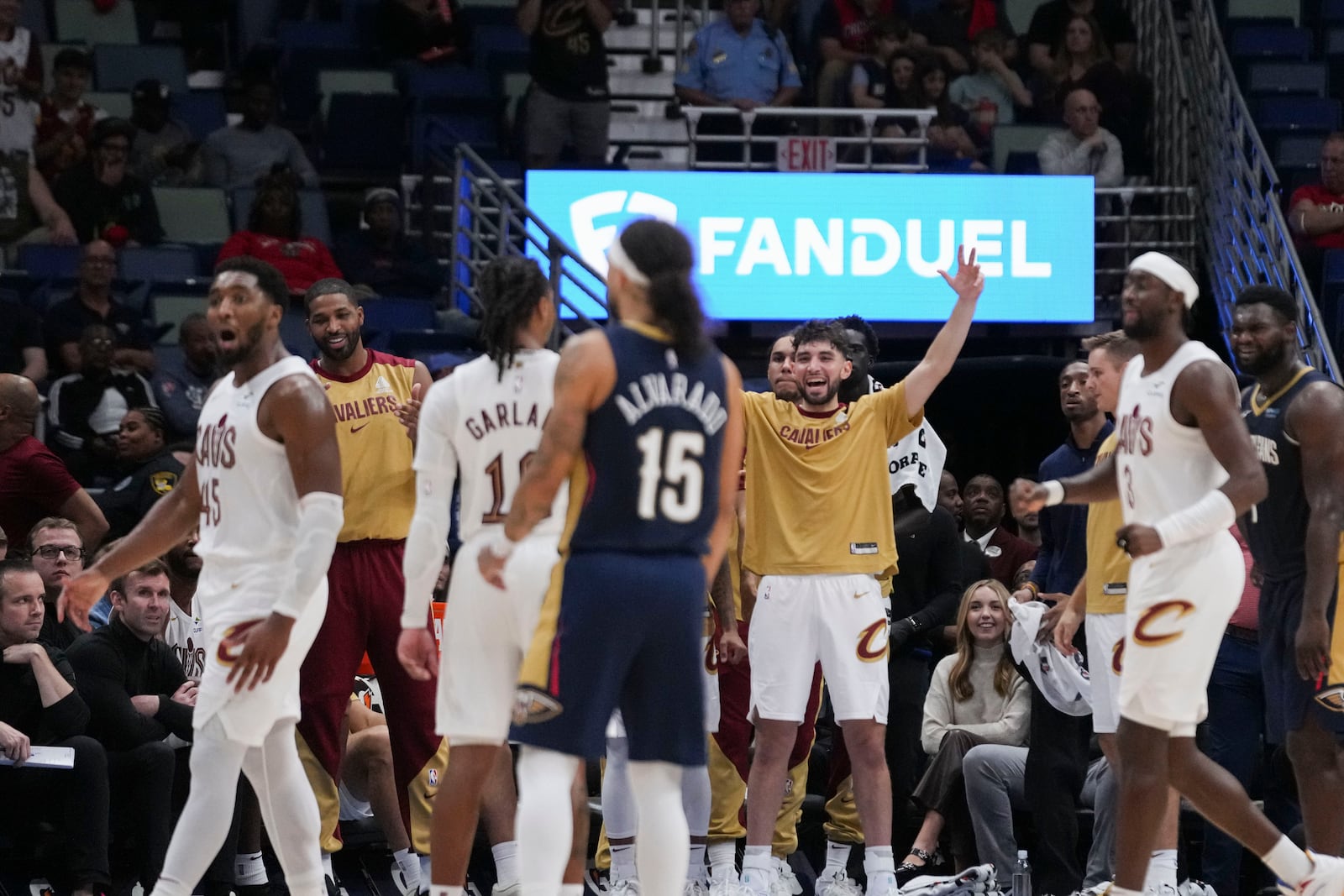 The Cleveland Cavaliers bench reacts late in the second half of an NBA basketball game against the New Orleans Pelicans in New Orleans, Wednesday, Nov. 6, 2024. The Cavaliers won 131-122. (AP Photo/Gerald Herbert)