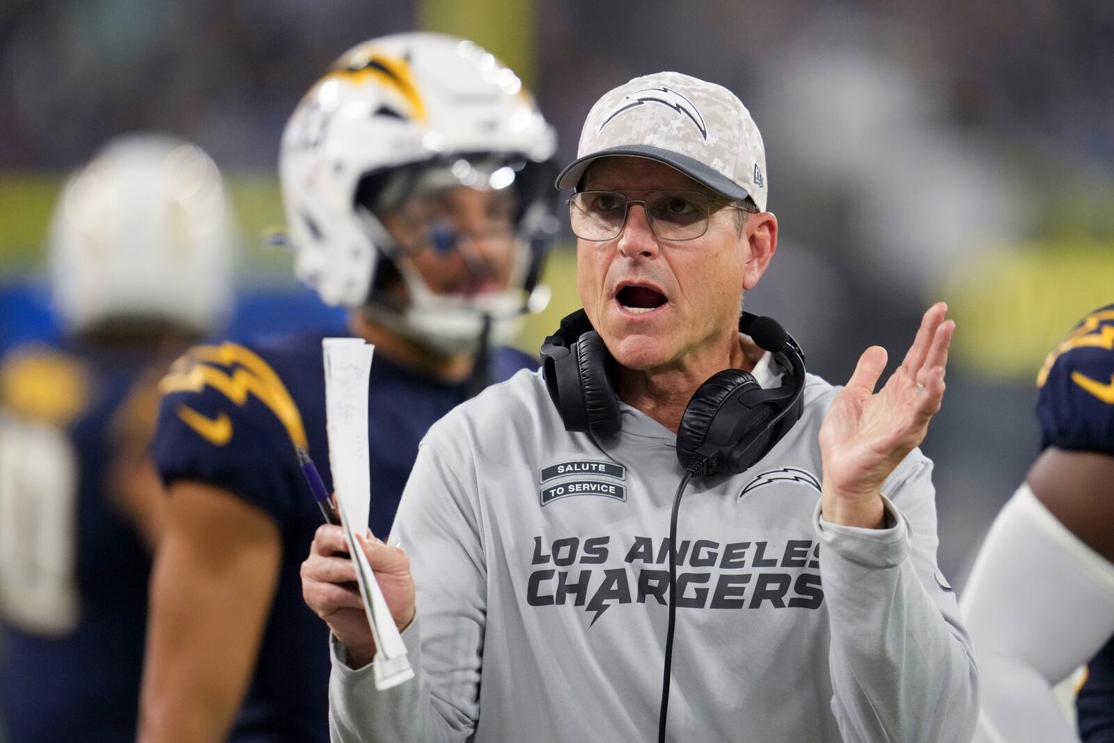 Los Angeles Chargers head coach Jim Harbaugh reacts on the sideline during the second half of an NFL football game against the Baltimore Ravens, Monday, Nov. 25, 2024, in Inglewood, Calif. (AP Photo/Eric Thayer)