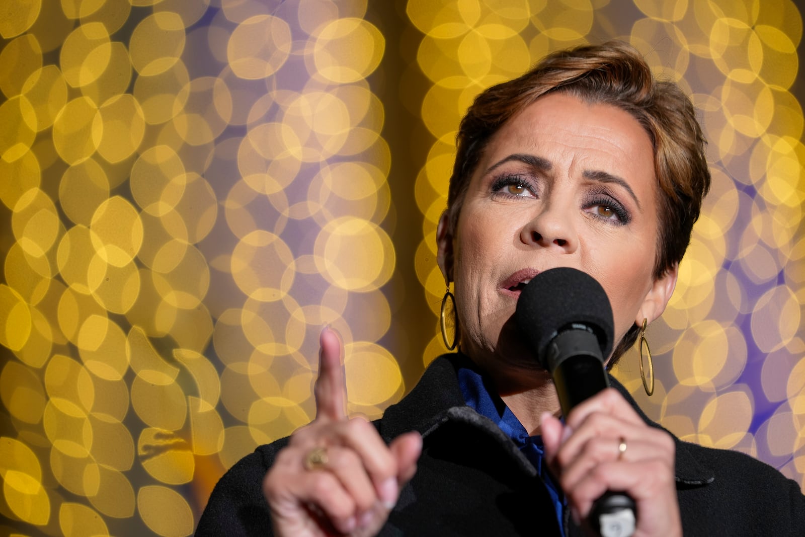 FILE - Republican Arizona U.S. Senate candidate Kari Lake speaks at a campaign rally, Monday, Nov. 4, 2024, in Prescott, Ariz. (AP Photo/Julio Cortez, File)