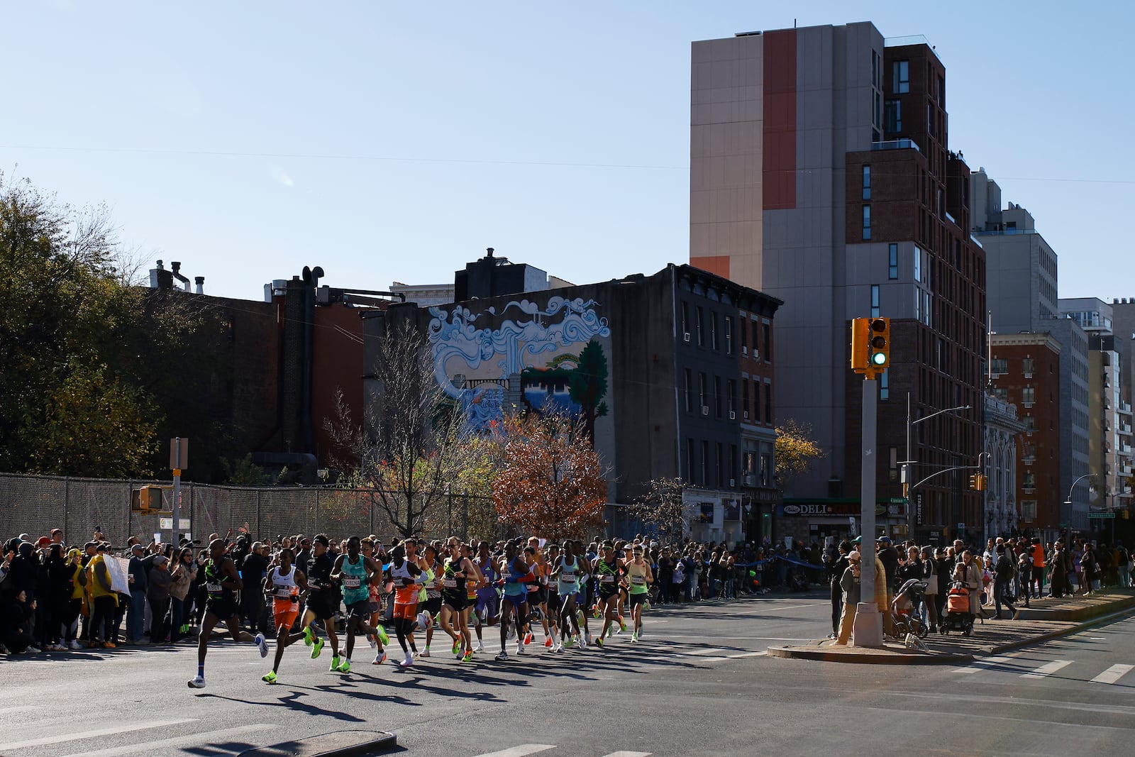 Runners in the men's elite division make their way through the Brooklyn borough during the New York City Marathon, Sunday, Nov. 3, 2024, in New York. (AP Photo/Eduardo Munoz Alvarez)