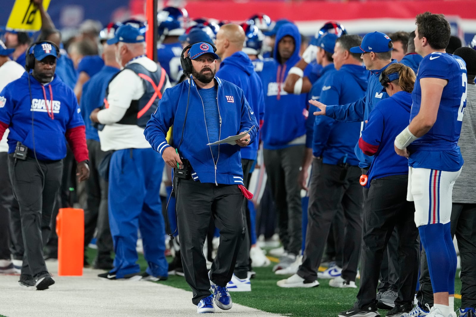 New York Giants head coach Brian Daboll walks the sideline during the first half of an NFL football game against the Cincinnati Bengals, Sunday, Oct. 13, 2024, in East Rutherford, N.J. (AP Photo/Seth Wenig)