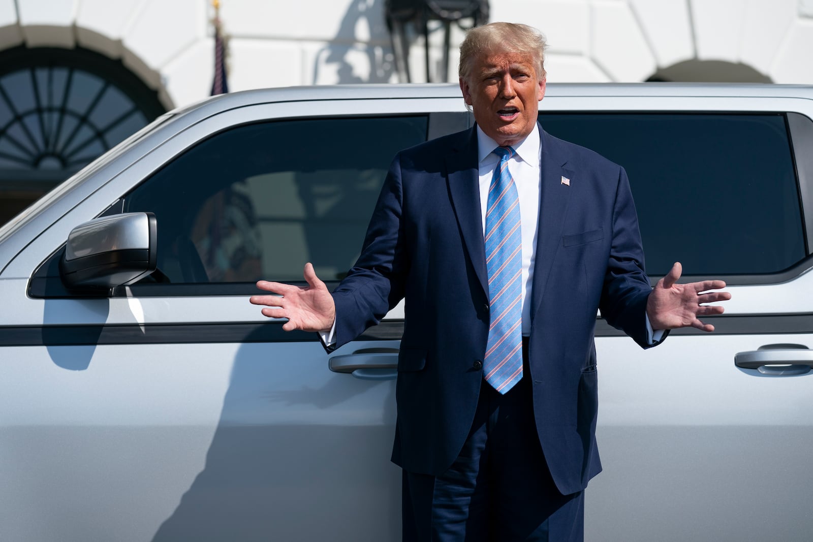 FILE - President Donald Trump talks about the Endurance electric pickup truck at the White House, Sept. 28, 2020, in Washington. (AP Photo/Evan Vucci, File)