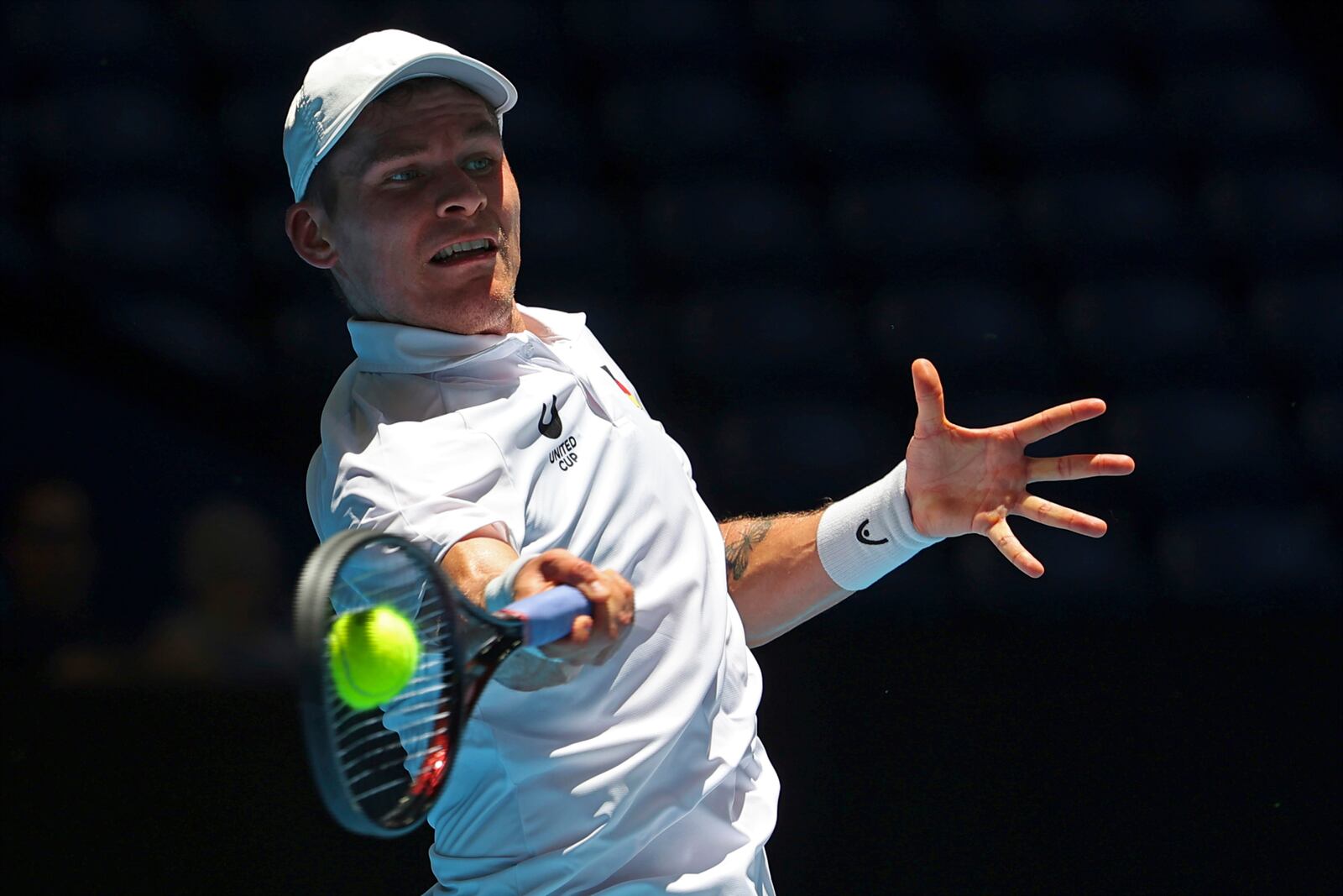 Daniel Masur of Germany hits a return shot to Alexander Shevchenko of Kazakhstan during their United Cup tennis match in Perth, Australia, Wednesday, Jan. 1, 2025. (AP Photo/Trevor Collens)