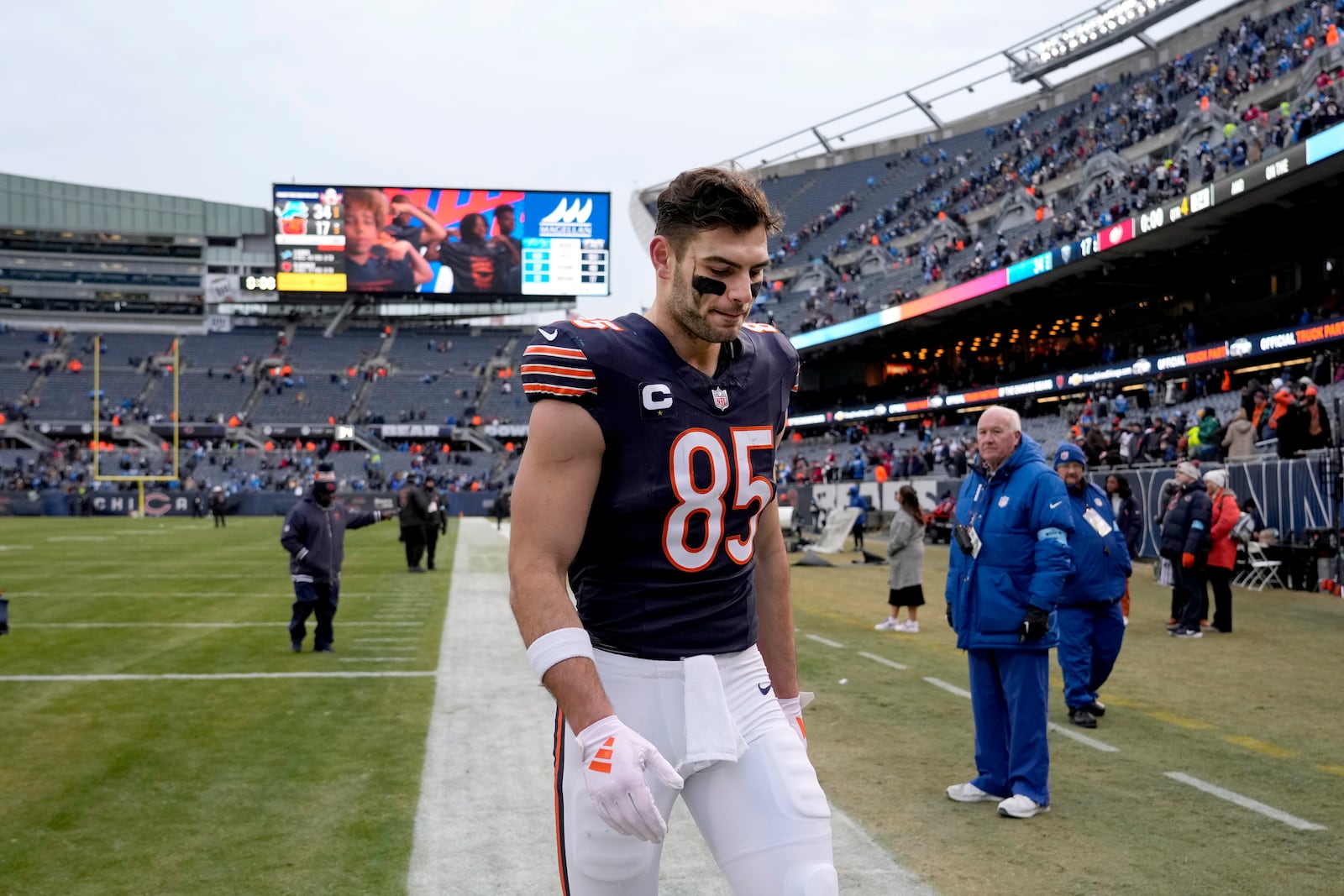 Chicago Bears tight end Cole Kmet walks off the field after his team's 34-17 loss to the Detroit Lions in an NFL football game Sunday, Dec. 22, 2024, in Chicago. (AP Photo/Nam Y. Huh)