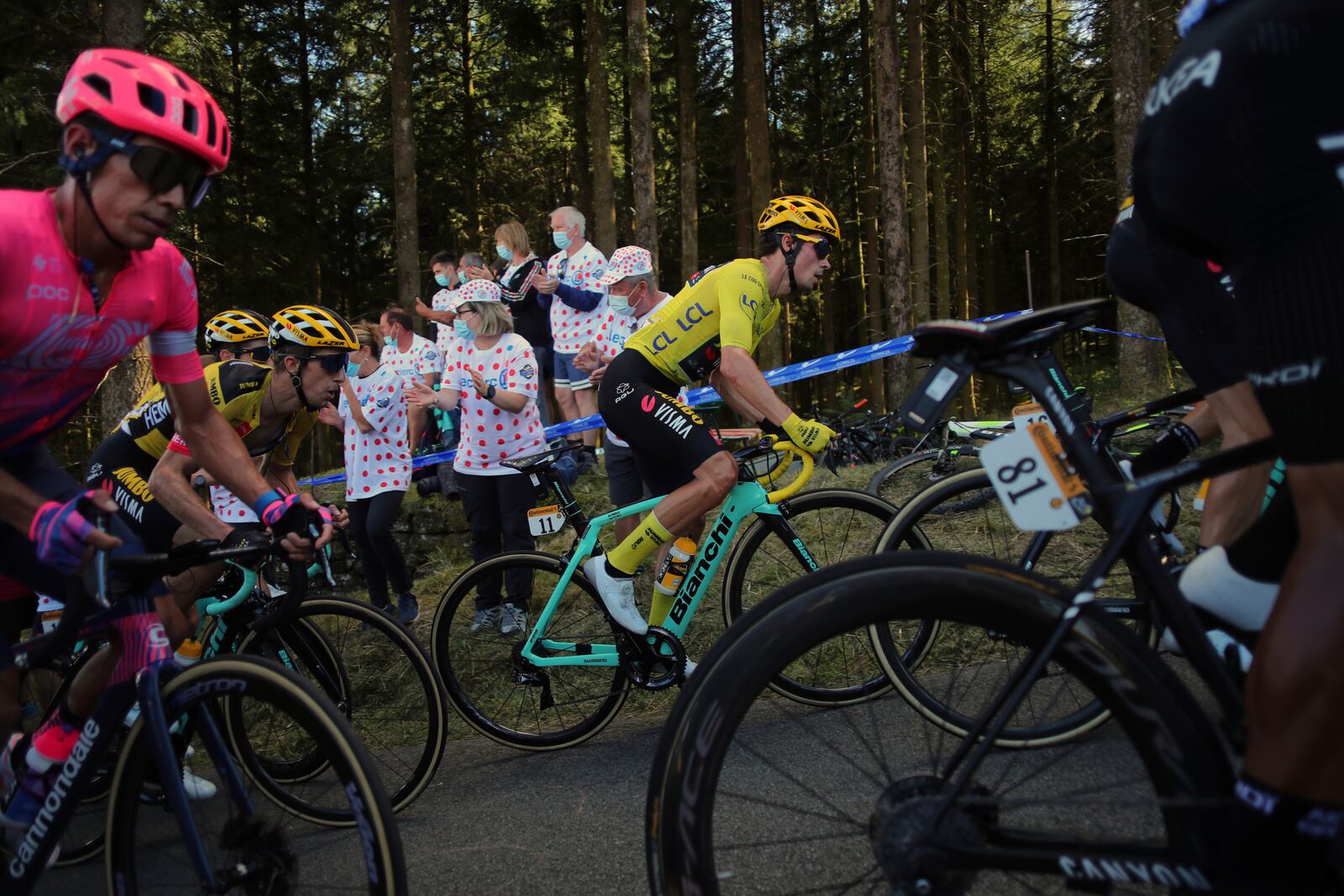 Slovenia's Primoz Roglic, wearing the overall leader's yellow jersey climbs Suc au May pass during the stage 12 of the Tour de France cycling race over 218 kilometers from Chauvigny to Sarran, Thursday, Sept. 10, 2020. (AP Photo/Thibault Camus)