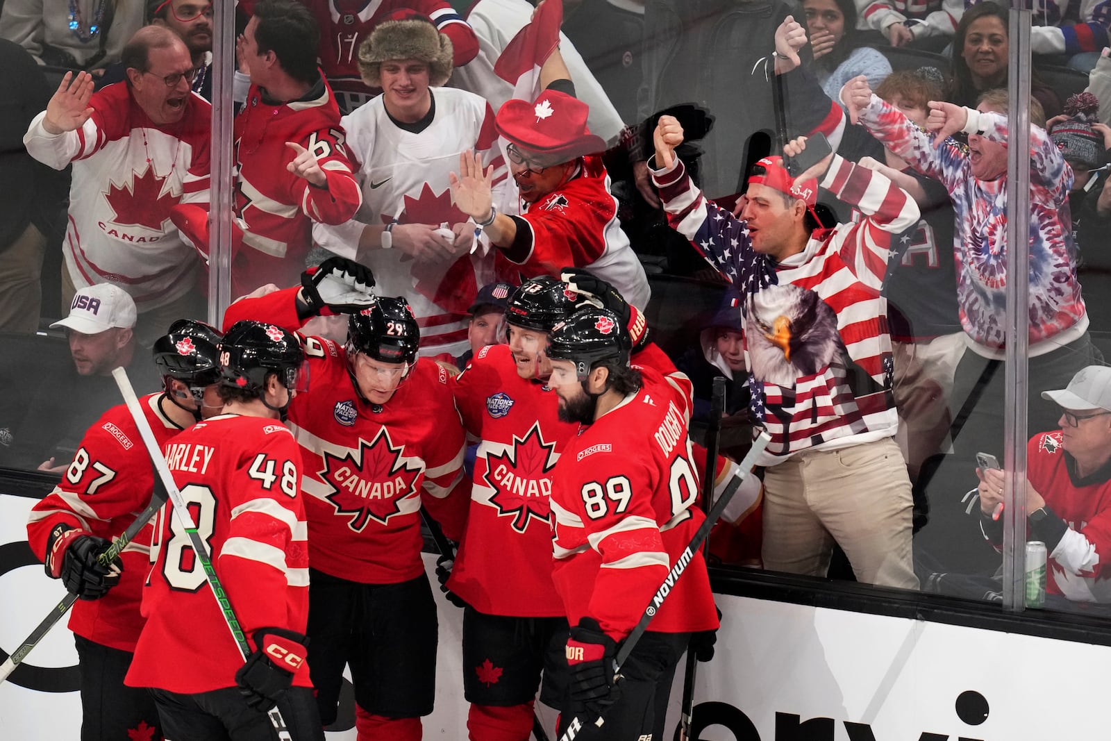 Canada players celebrate after a goal by Nathan MacKinnon during the first period of the 4 Nations Face-Off championship hockey game against the United States, Thursday, Feb. 20, 2025, in Boston. (AP Photo/Charles Krupa)