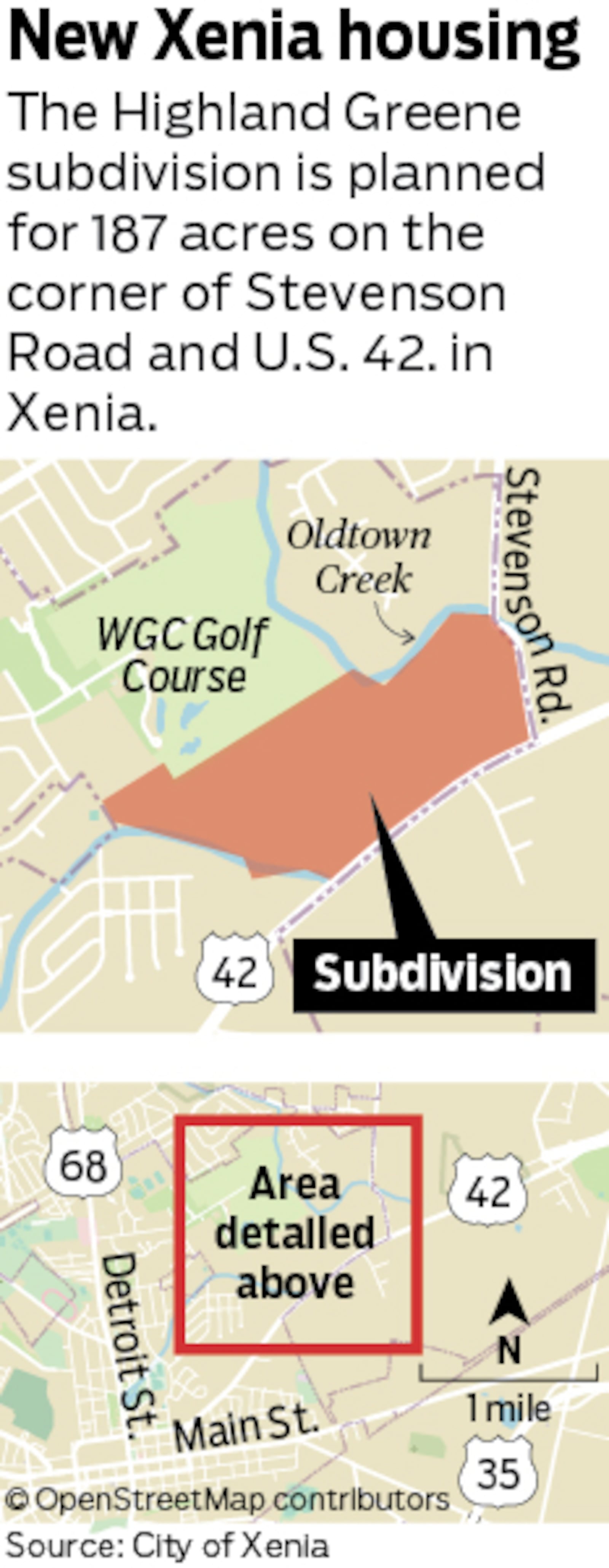 A map of the planned Highland Greene Subdivision, which includes 187 acres at the corner of Stevenson Road and U.S. 42.