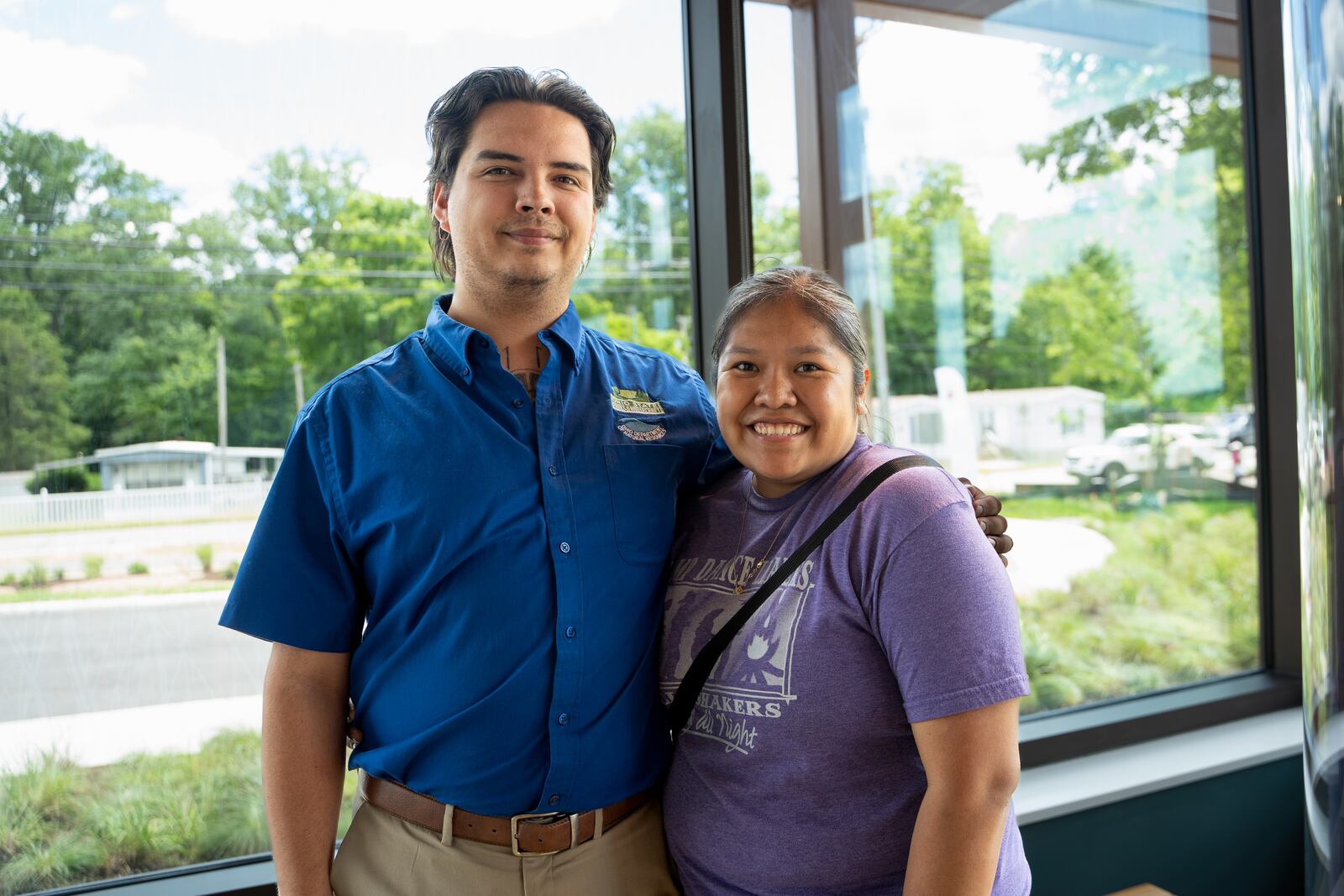 Talon Silverhorn (left) and Shelly Silverhorn at Great Council State Park.  Talon is the cultural programs manager for the Ohio Department of Natural Resources. Shelly is a fourth grade teacher at Lincoln Elementary School in Springfield, Ohio. They both are professional historic interpreters. (Ruthie Herman for WYSO)