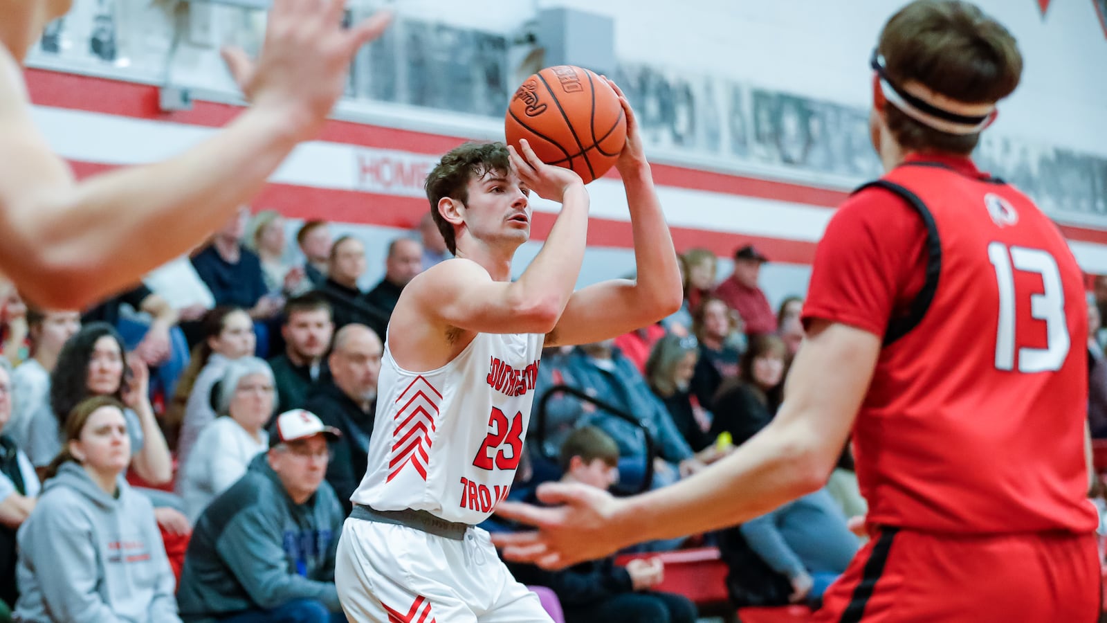 Southeastern High School senior Ayden Robinson shoots a jump shot during their game against Cedarville on Tuesday night in South Charleston. Michael Cooper/CONTRIBUTED