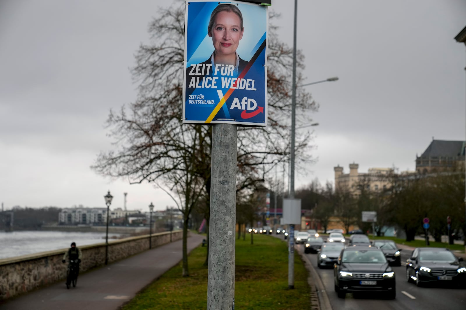 Magdeburg An election poster showing AfD top candidate for Chancellor Alice Weidel is displayed in a street in Magdeburg, Germany, Thursday, Feb. 6, 2025. (AP Photo/Ebrahim Noroozi)