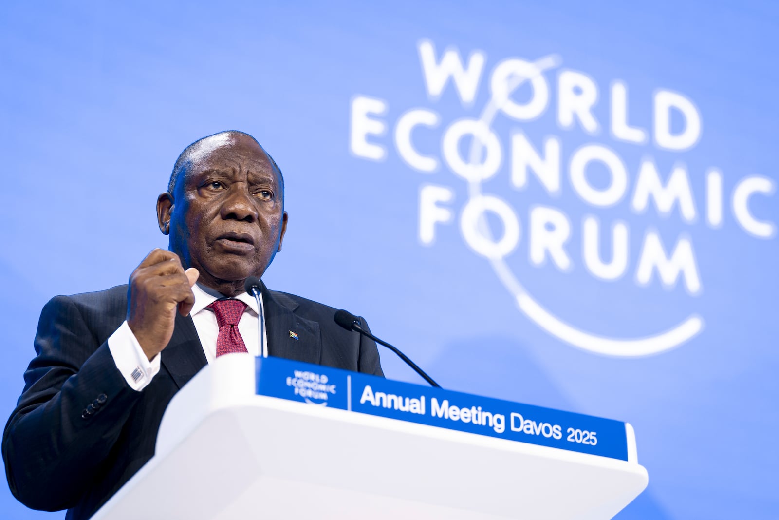 Cyril Ramaphosa, President of South Africa delivers a speech during a plenary session in the Congress Hall, during the 55th annual meeting of the World Economic Forum, WEF, in Davos, Switzerland, Tuesday, Jan. 21, 2025. (Michael Buholzer/Keystone via AP)