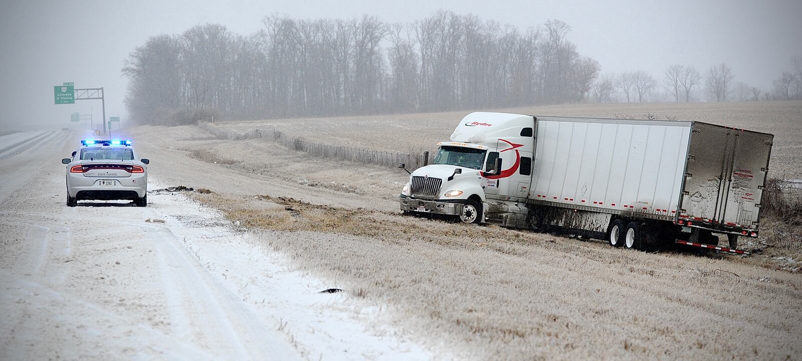 A semi truck jackknifed off of I-70 east near the 66 mile marker in Clark County Thursday, Feb. 3, 2022. MARSHALL GORBY \STAFF