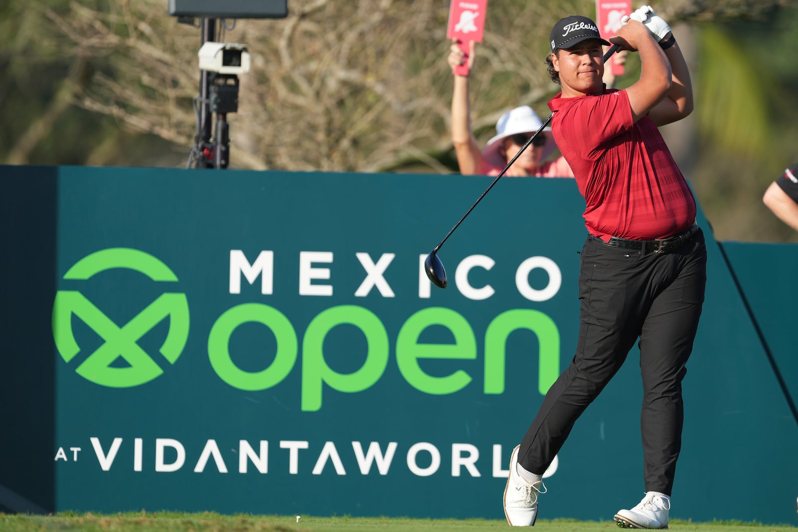 Aldrich Potgieter, of South Africa, watches his tee shot on the second hole during the second round of the Mexico Open golf tournament in Puerto Vallarta, Mexico, Friday, Feb. 21, 2025. (AP Photo/Fernando Llano)