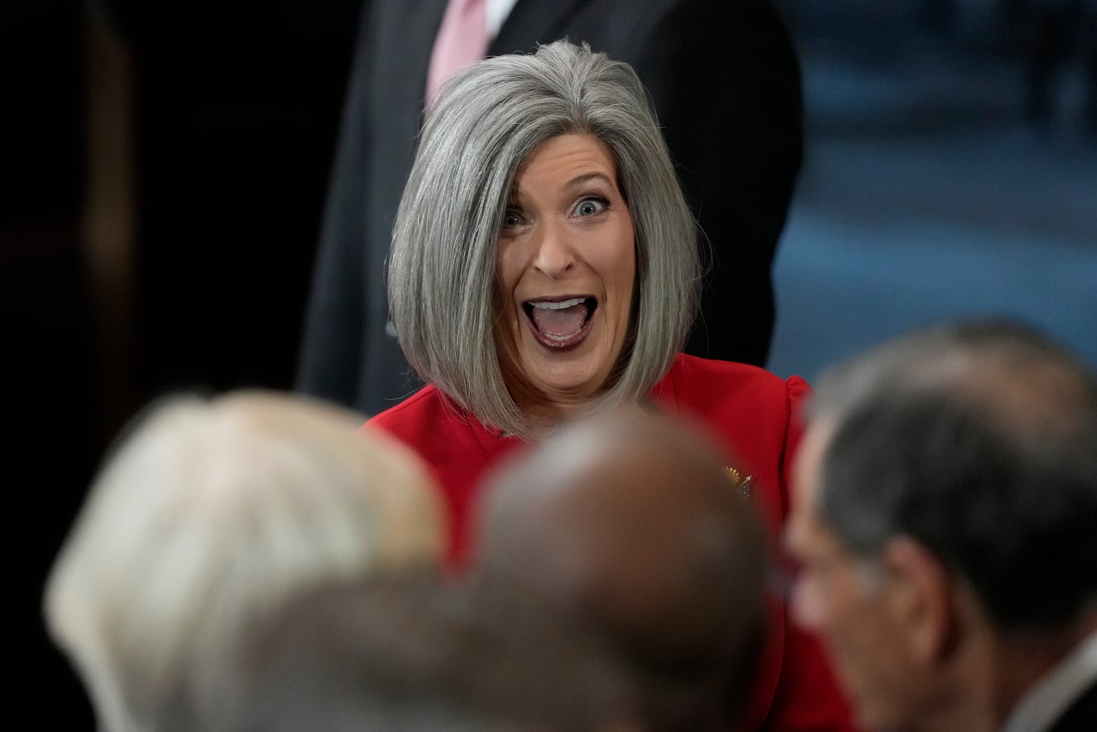 Sen. Joni Ernst, R-Iowa, arrives before the 60th Presidential Inauguration in the Rotunda of the U.S. Capitol in Washington, Monday, Jan. 20, 2025. (AP Photo/Julia Demaree Nikhinson, Pool)