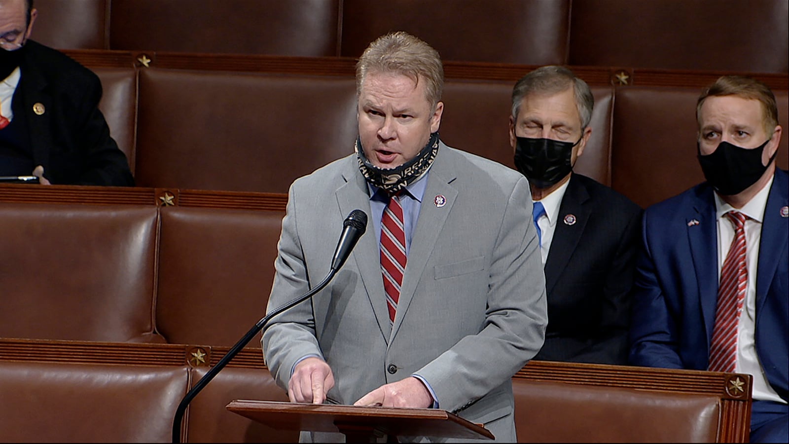 In this image from video, Rep. Warren Davidson, R-Ohio, speaks as the House debates the objection to confirm the Electoral College vote from Pennsylvania, at the U.S. Capitol early Thursday, Jan. 7, 2021. (House Television via AP)