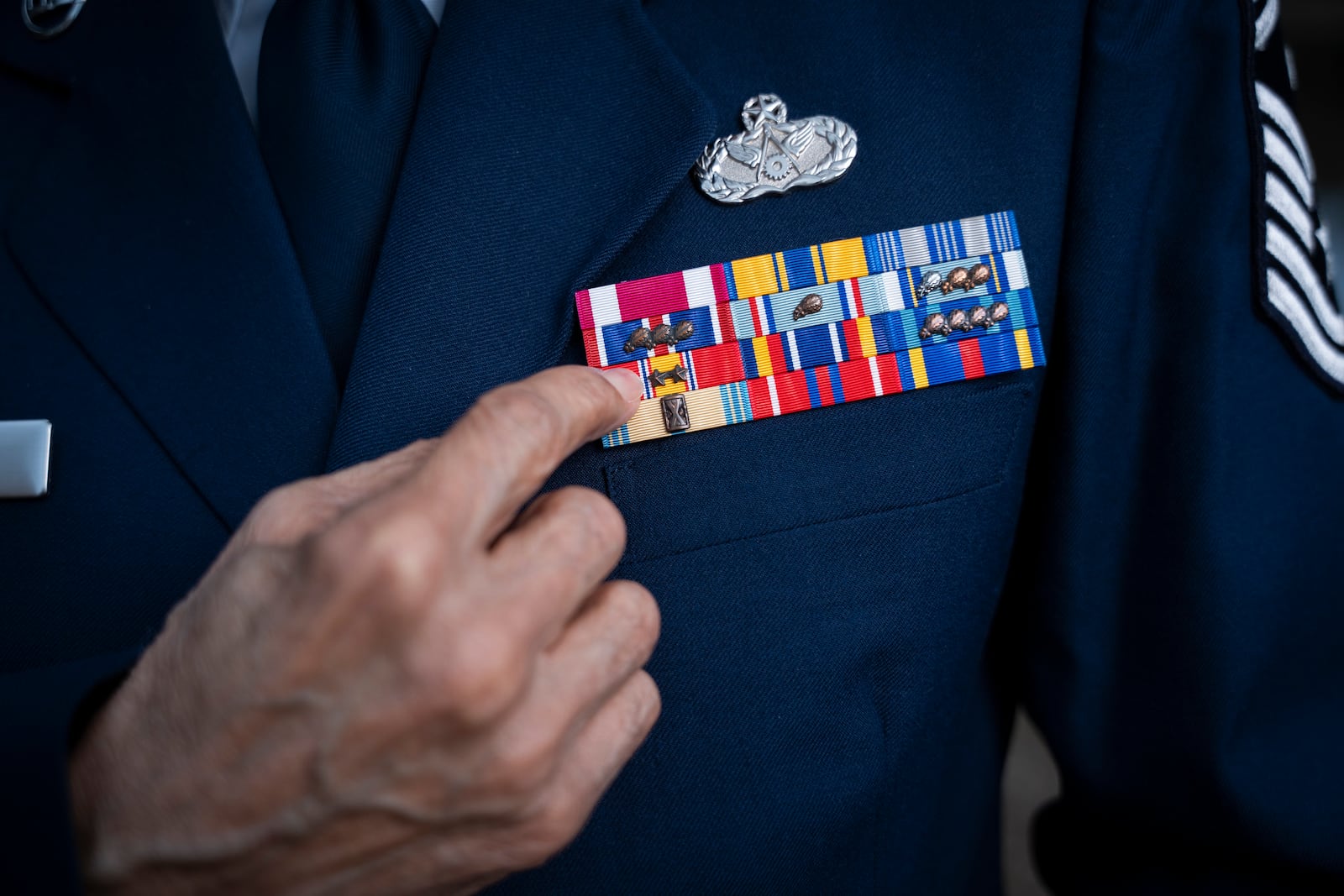 Calvin Stevens, Air Force Reserve Veteran, displays his awards and decorations outside his home in Decatur, Georgia on Thursday, Feb. 7, 2025. (AP Photo/Olivia Bowdoin)